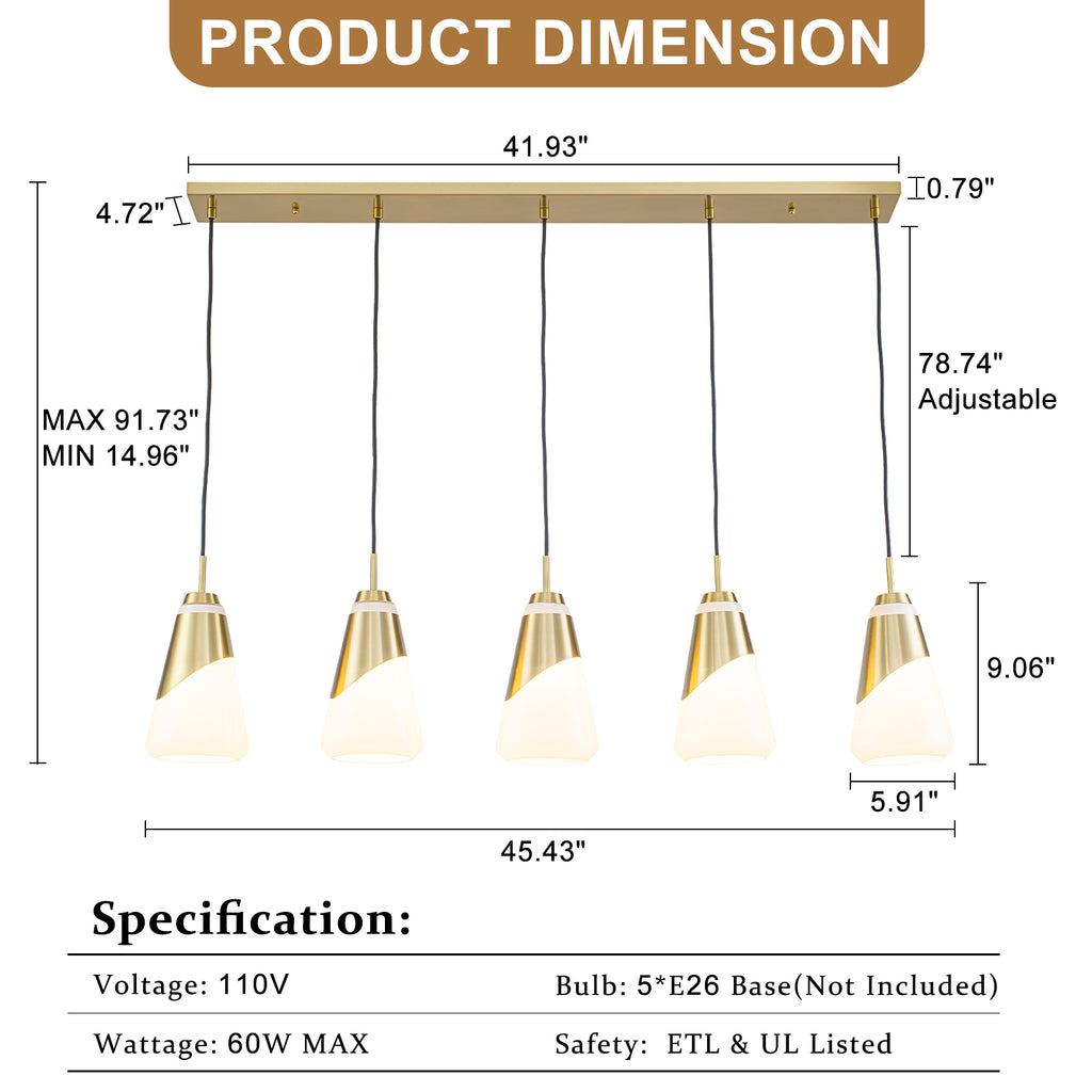 5-Light Gold Pendant Light with White Opal Glass Cone Shades - product image 8 | Zenvolit