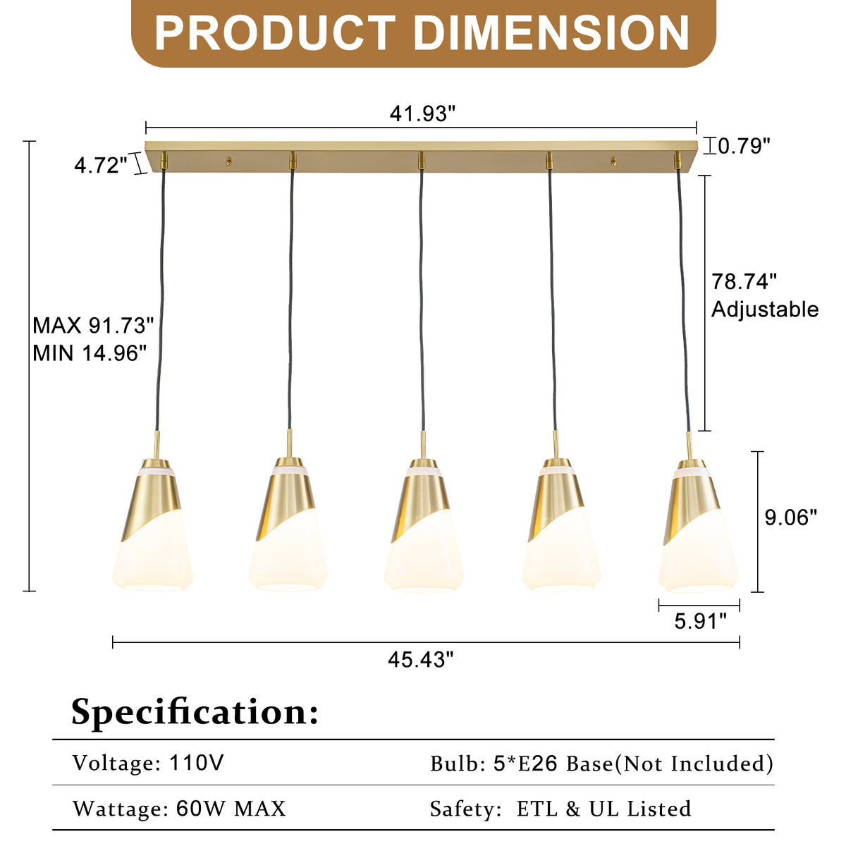 5-Light Gold Pendant Light with White Opal Glass Cone Shades - product image 8 | Zenvolit