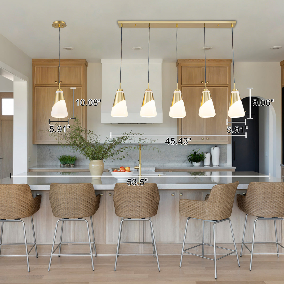 5-Light Gold Pendant Light with White Opal Glass Cone Shades - product image 9 | Zenvolit