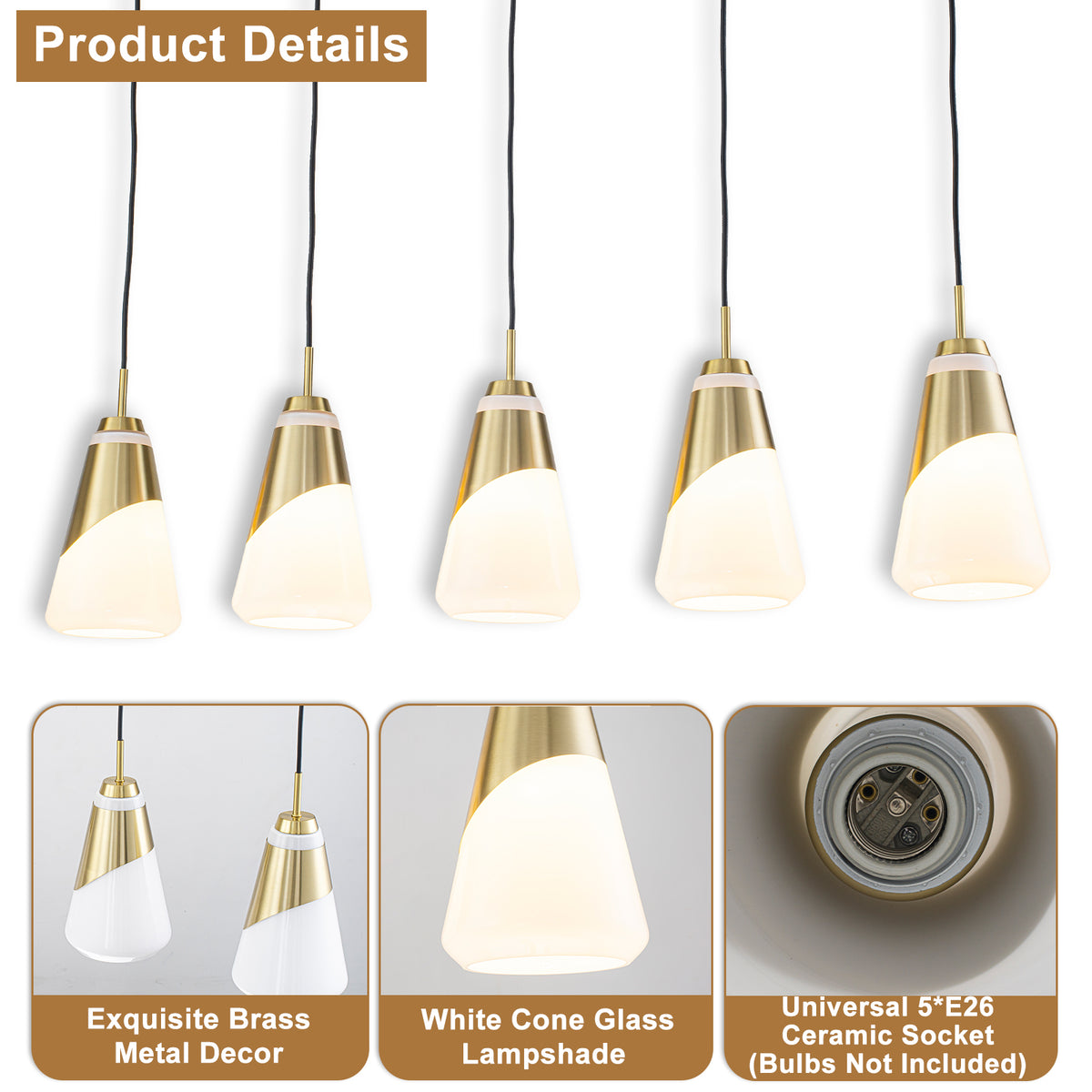 5-Light Gold Pendant Light with White Opal Glass Cone Shades - product image 15 | Zenvolit