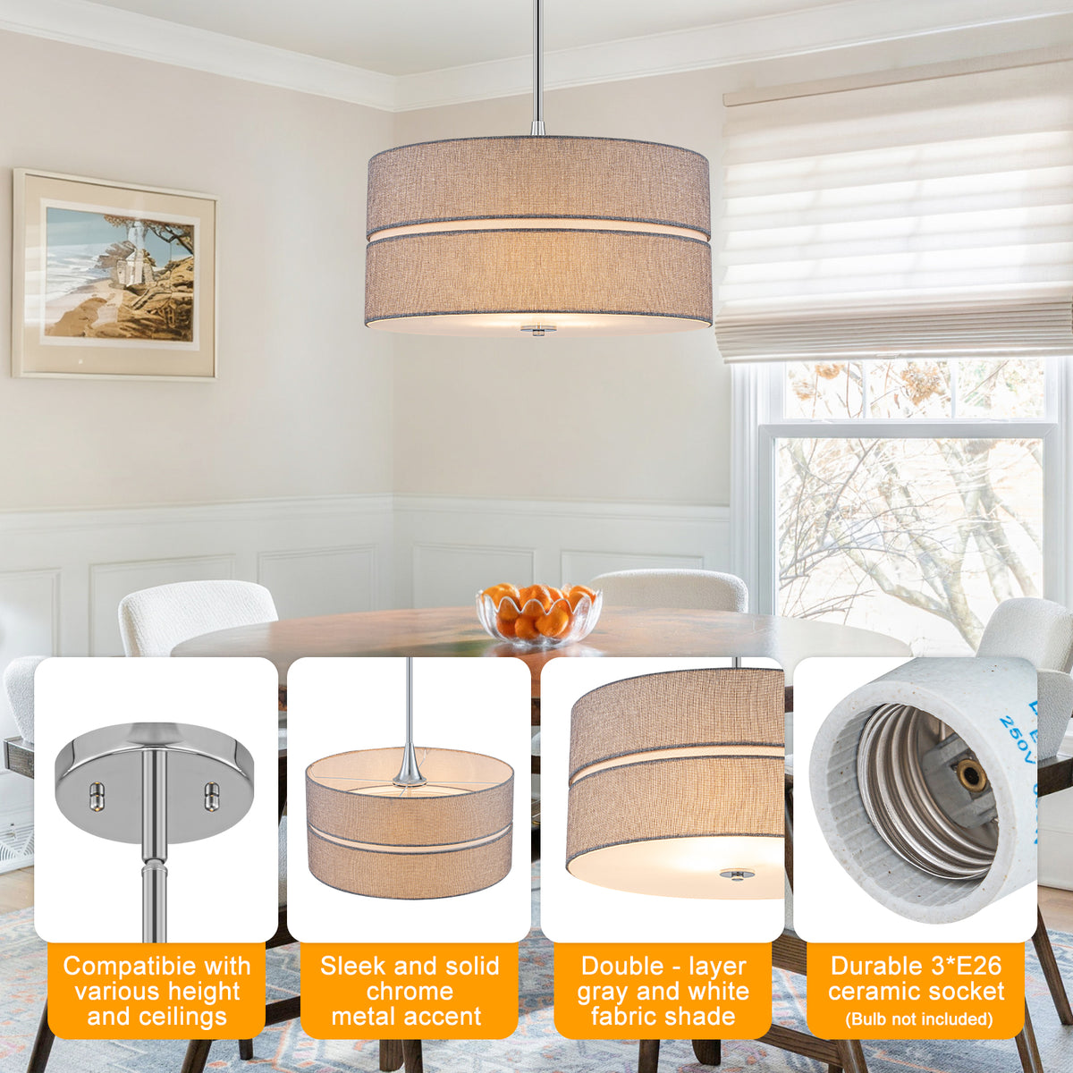 3-Light Chrome Drum Convertible Pendant or Flush Mount Light Fixture - product image 14 | Zenvolit