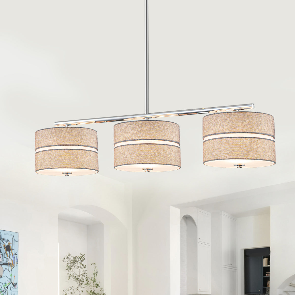 3-Light Brushed Nickel Linear Pendant LightFabric Drum Shades - product image 1 | Zenvolit