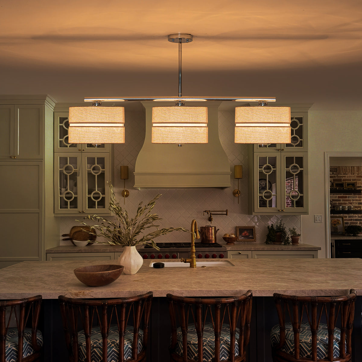 3-Light Brushed Nickel Linear Pendant LightFabric Drum Shades - product image 7 | Zenvolit