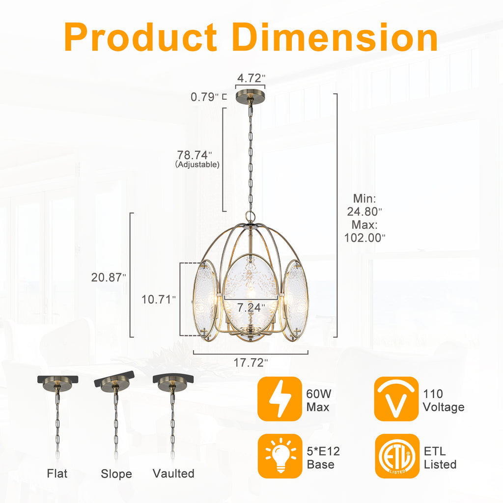 5-Light Mid-Century Modern Bronze Chandelier with Ripple Glass - product image 6 | Zenvolit