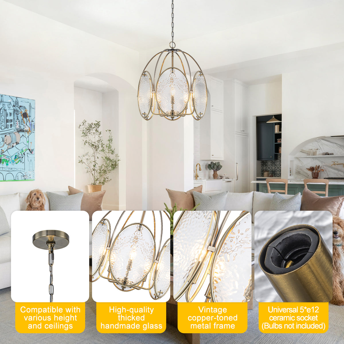 5-Light Mid-Century Modern Bronze Chandelier with Ripple Glass - product image 8 | Zenvolit