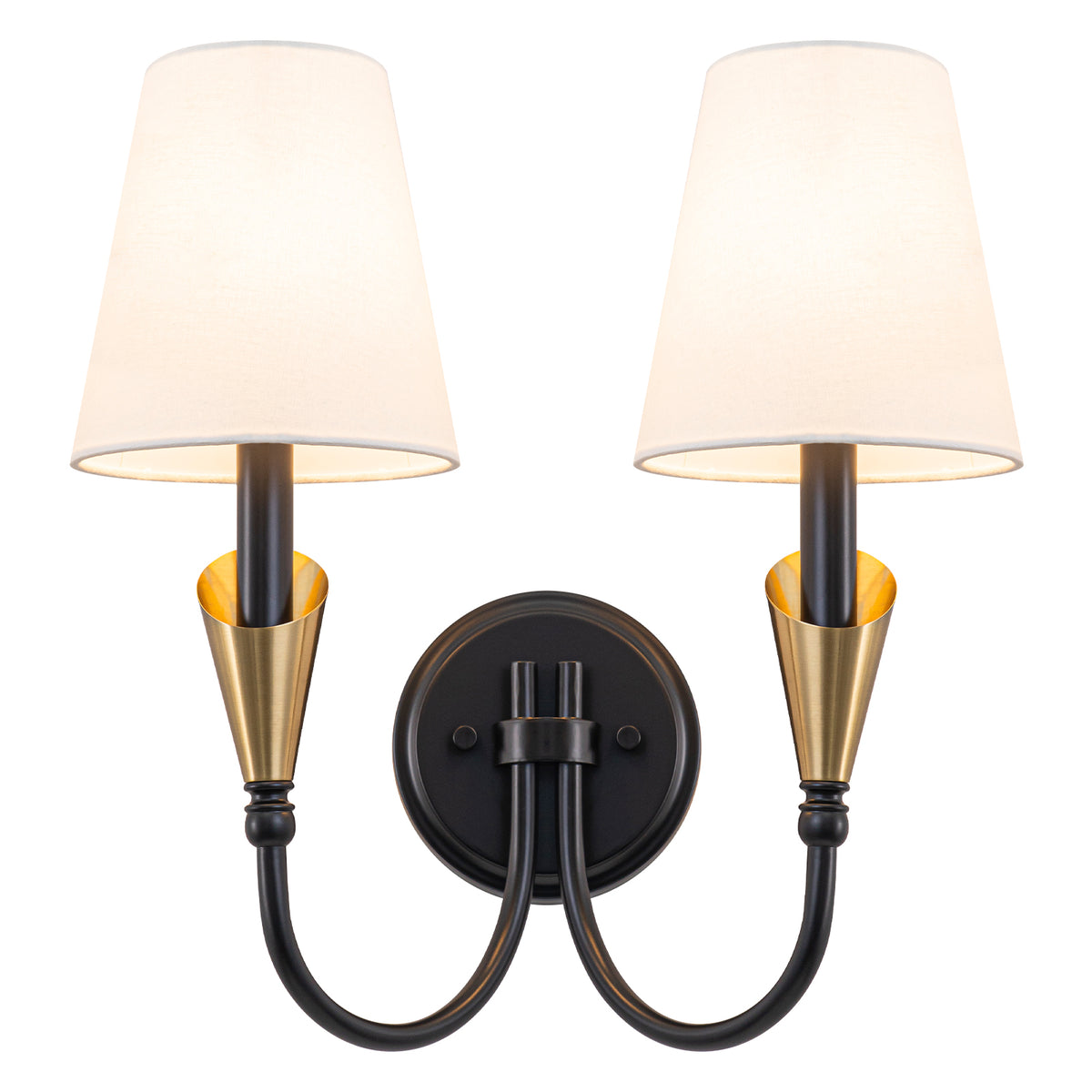 2-Light Matte Black & Gold Wall Sconce Traditional Fabric Shades - product image 2 | Zenvolit