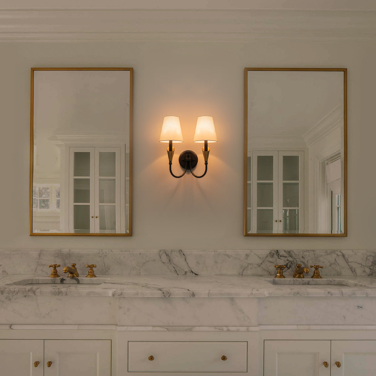 2-Light Matte Black & Gold Wall Sconce Traditional Fabric Shades - product image 6 | Zenvolit
