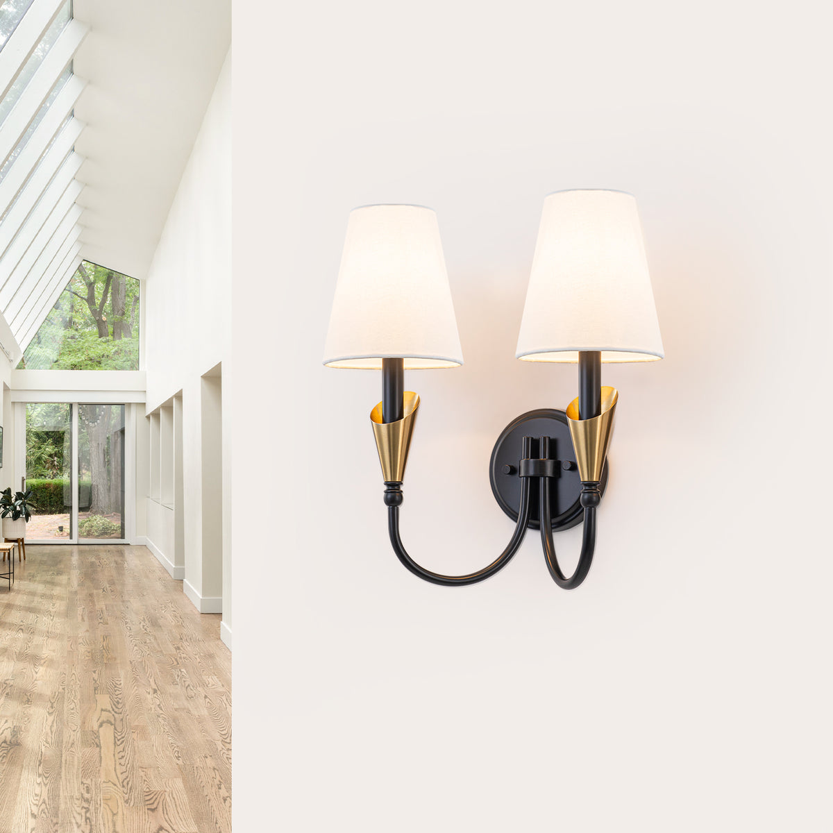 2-Light Matte Black & Gold Wall Sconce Traditional Fabric Shades - product image 17 | Zenvolit