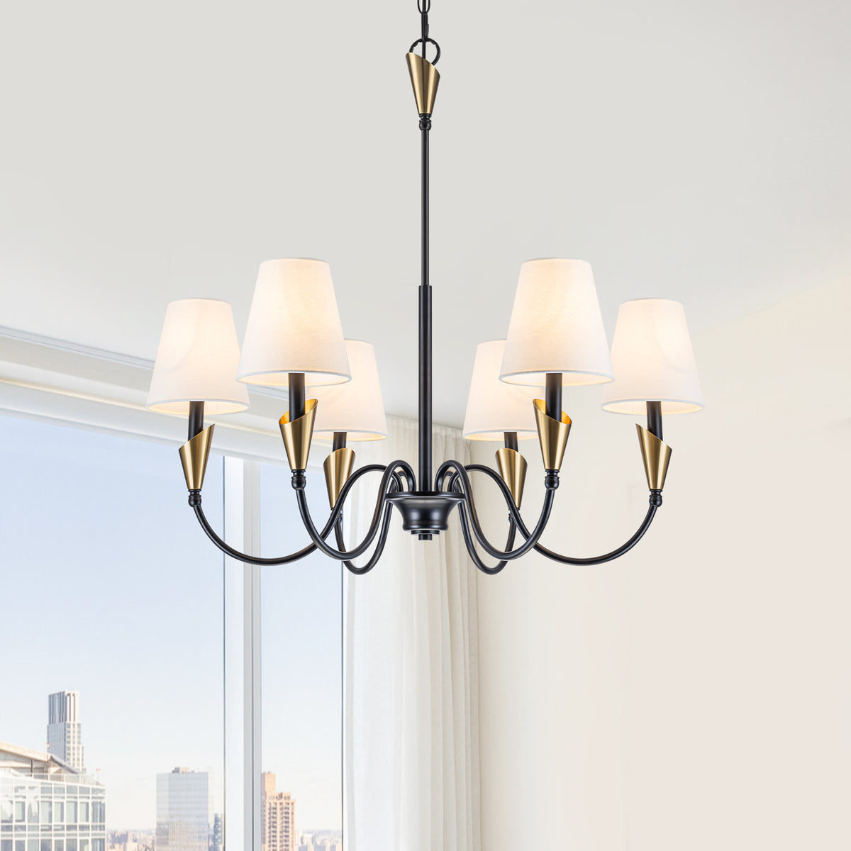 6-Light Matte Black S-Arm Chandelier with Conical Beige Fabric Shades - product image 5 | Zenvolit
