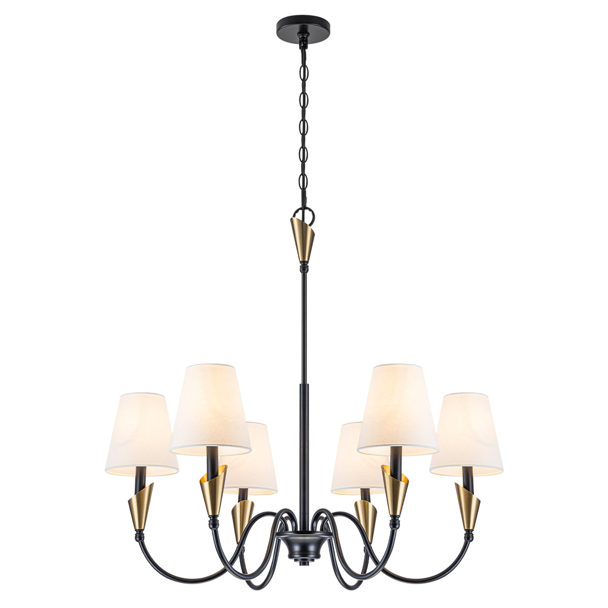 6-Light Matte Black S-Arm Chandelier with Conical Beige Fabric Shades - product image 6 | Zenvolit