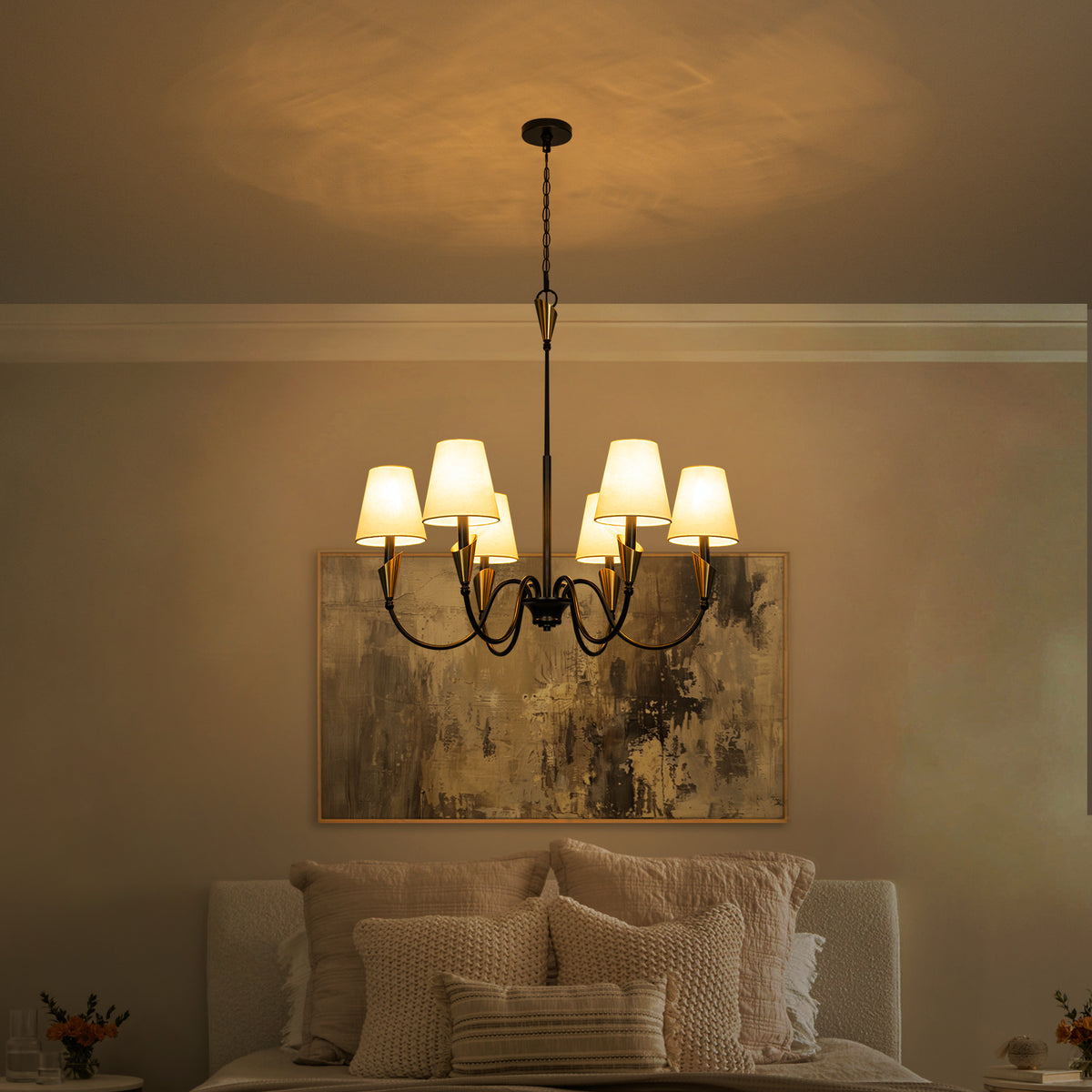 6-Light Matte Black S-Arm Chandelier with Conical Beige Fabric Shades - product image 10 | Zenvolit