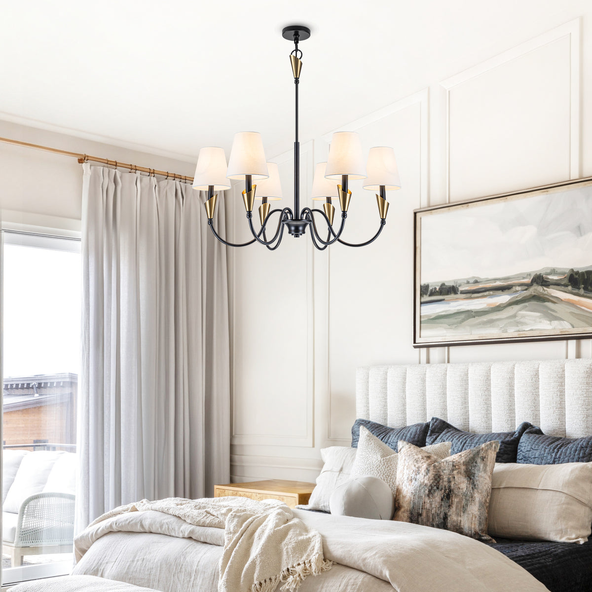 6-Light Matte Black S-Arm Chandelier with Conical Beige Fabric Shades - product image 11 | Zenvolit