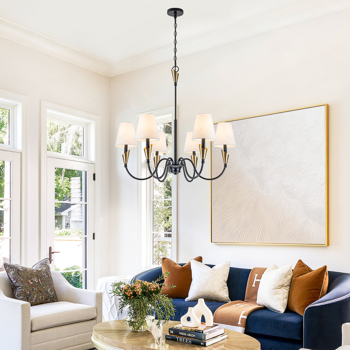 6-Light Matte Black S-Arm Chandelier with Conical Beige Fabric Shades - product image 12 | Zenvolit