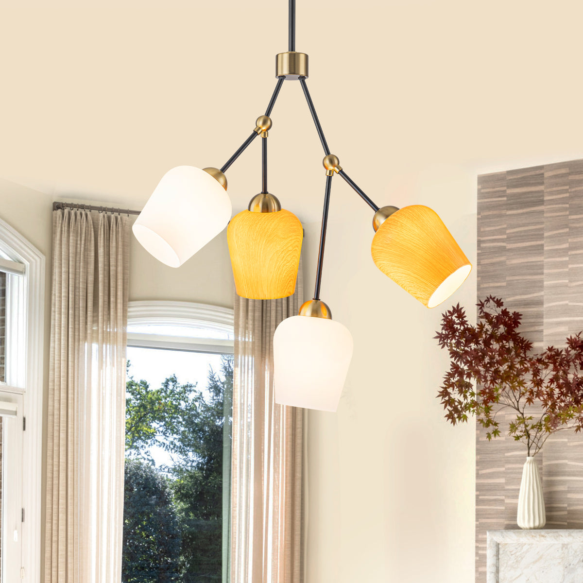 4-Light Black & Gold Y-Shaped Chandelier with Wood-Grain Glass Shades - product image 1 | Zenvolit