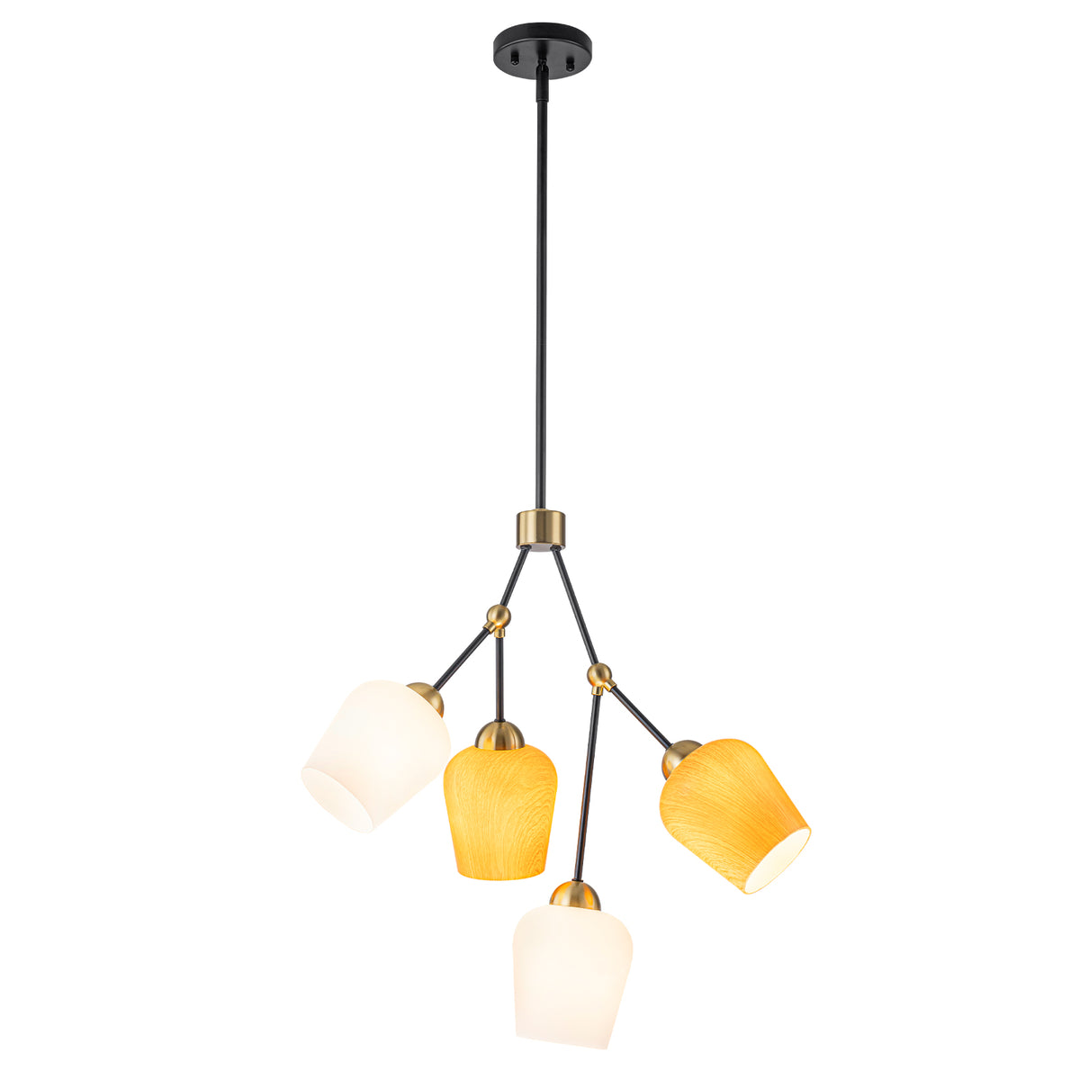 4-Light Black & Gold Y-Shaped Chandelier with Wood-Grain Glass Shades - product image 2 | Zenvolit