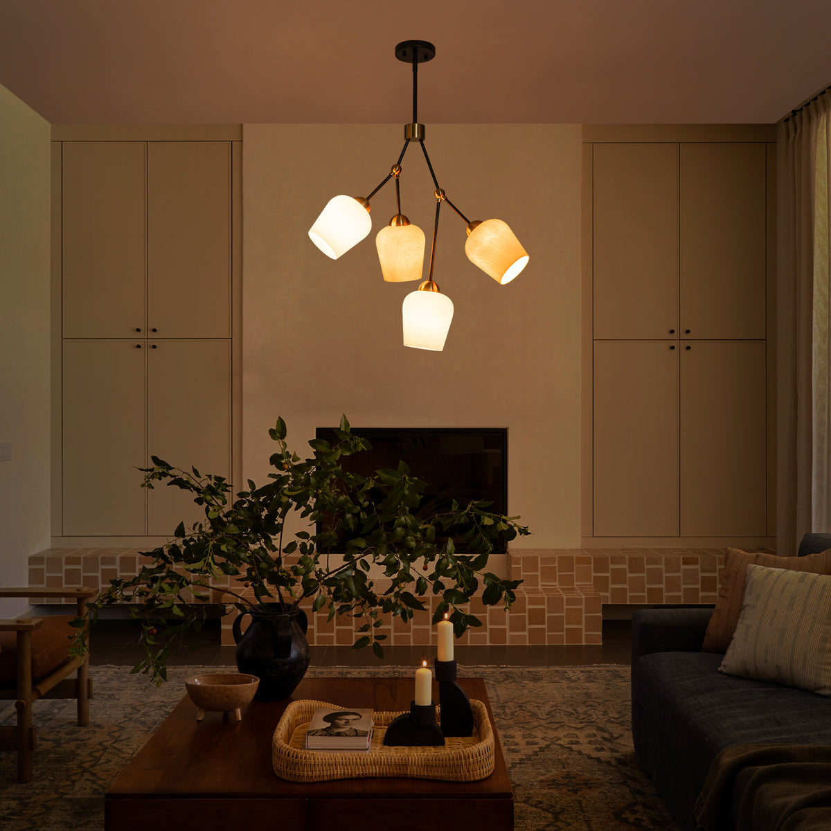 4-Light Black & Gold Y-Shaped Chandelier with Wood-Grain Glass Shades - product image 7 | Zenvolit