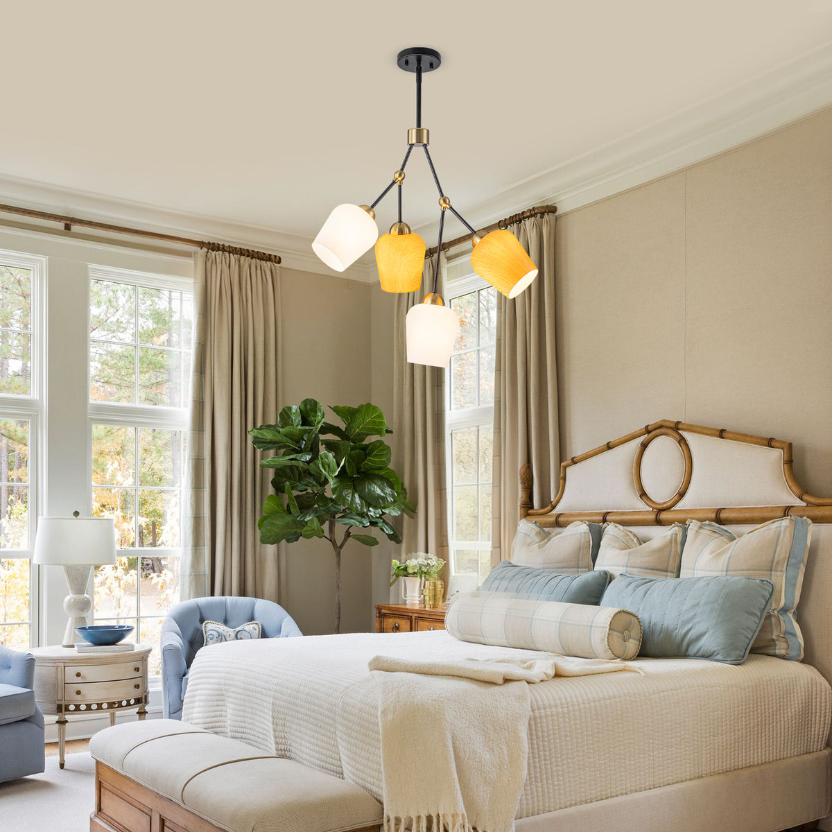 4-Light Black & Gold Y-Shaped Chandelier with Wood-Grain Glass Shades - product image 8 | Zenvolit
