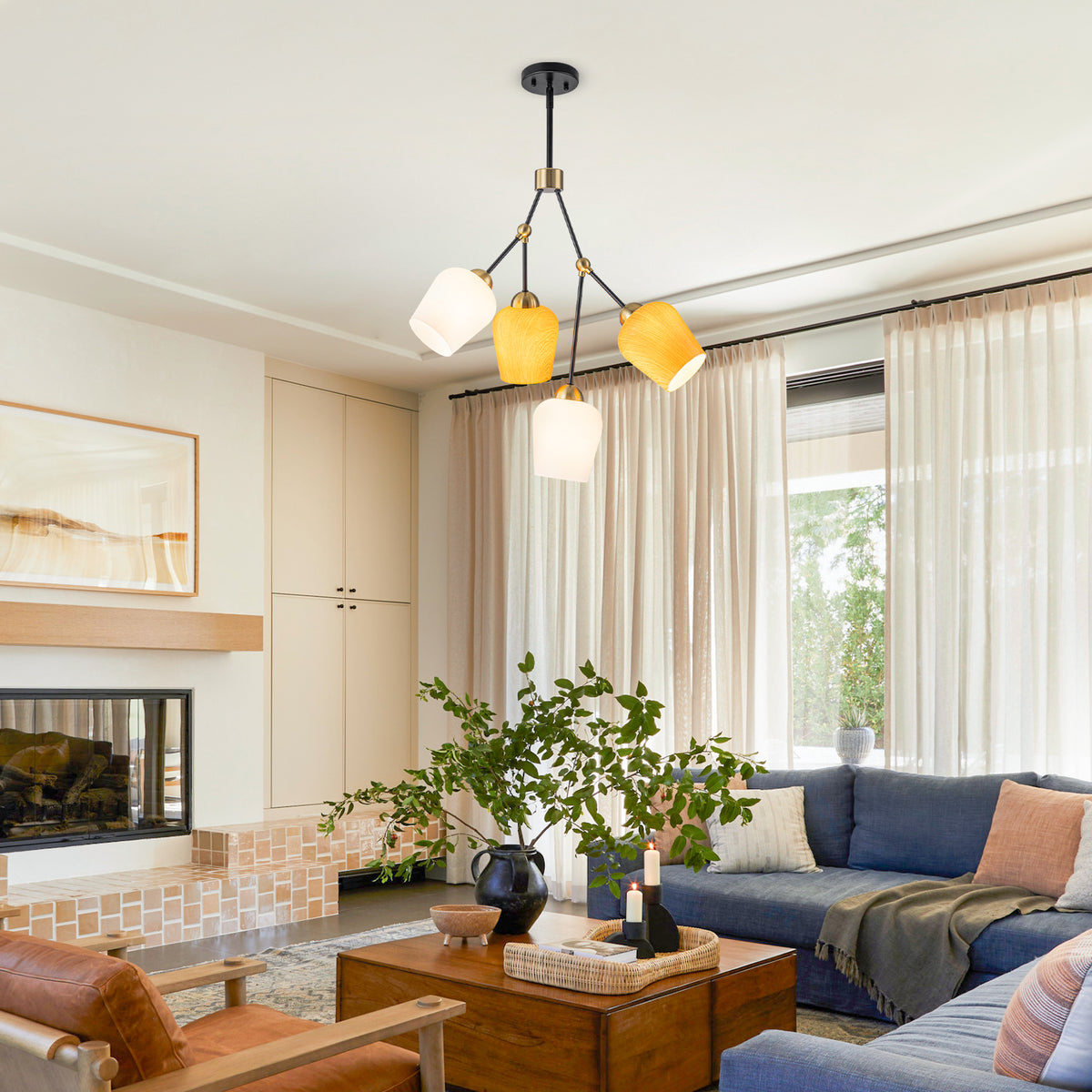 4-Light Black & Gold Y-Shaped Chandelier with Wood-Grain Glass Shades - product image 9 | Zenvolit