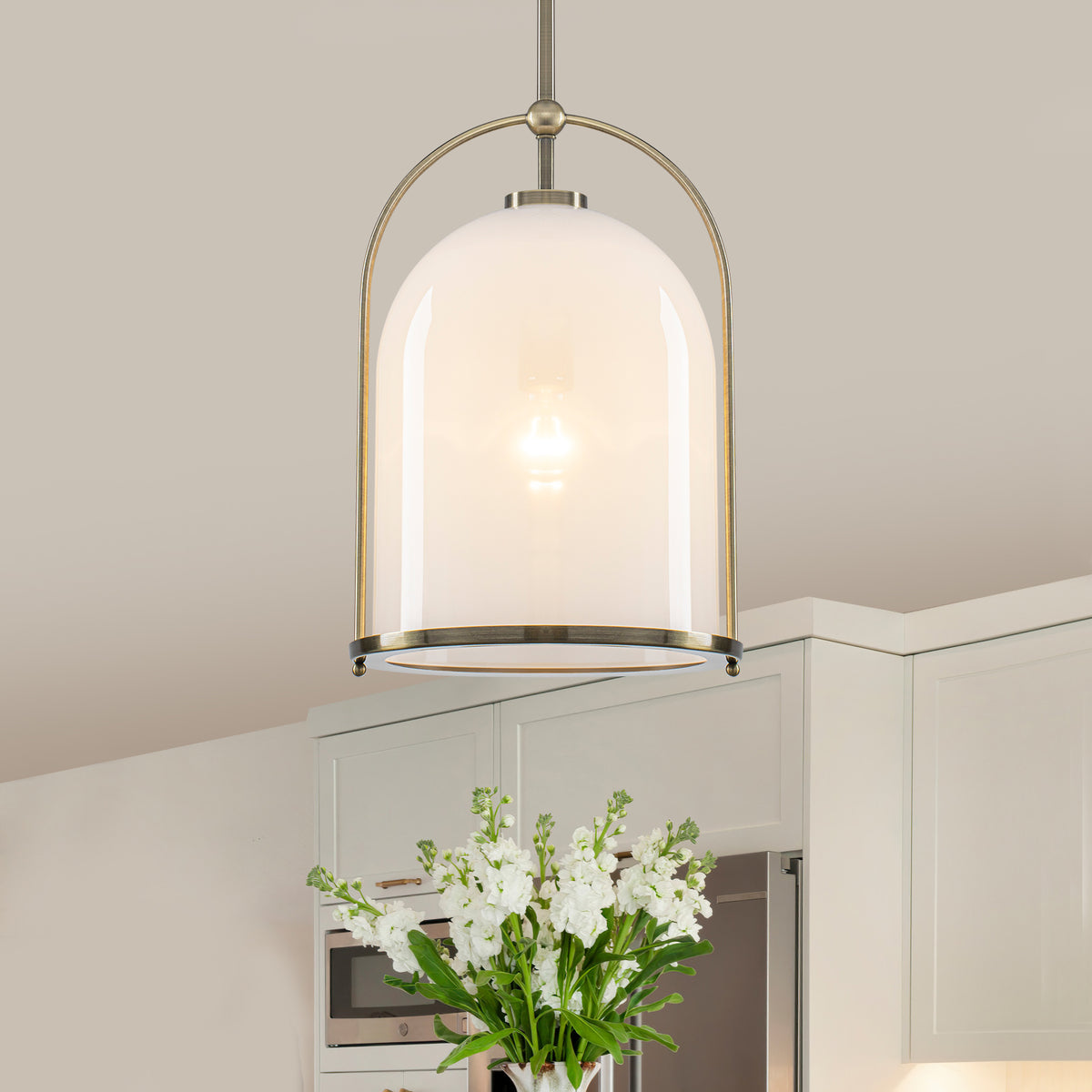Brushed Gold Bucket Pendant Light with White Glass Dome Bedroom Foyer