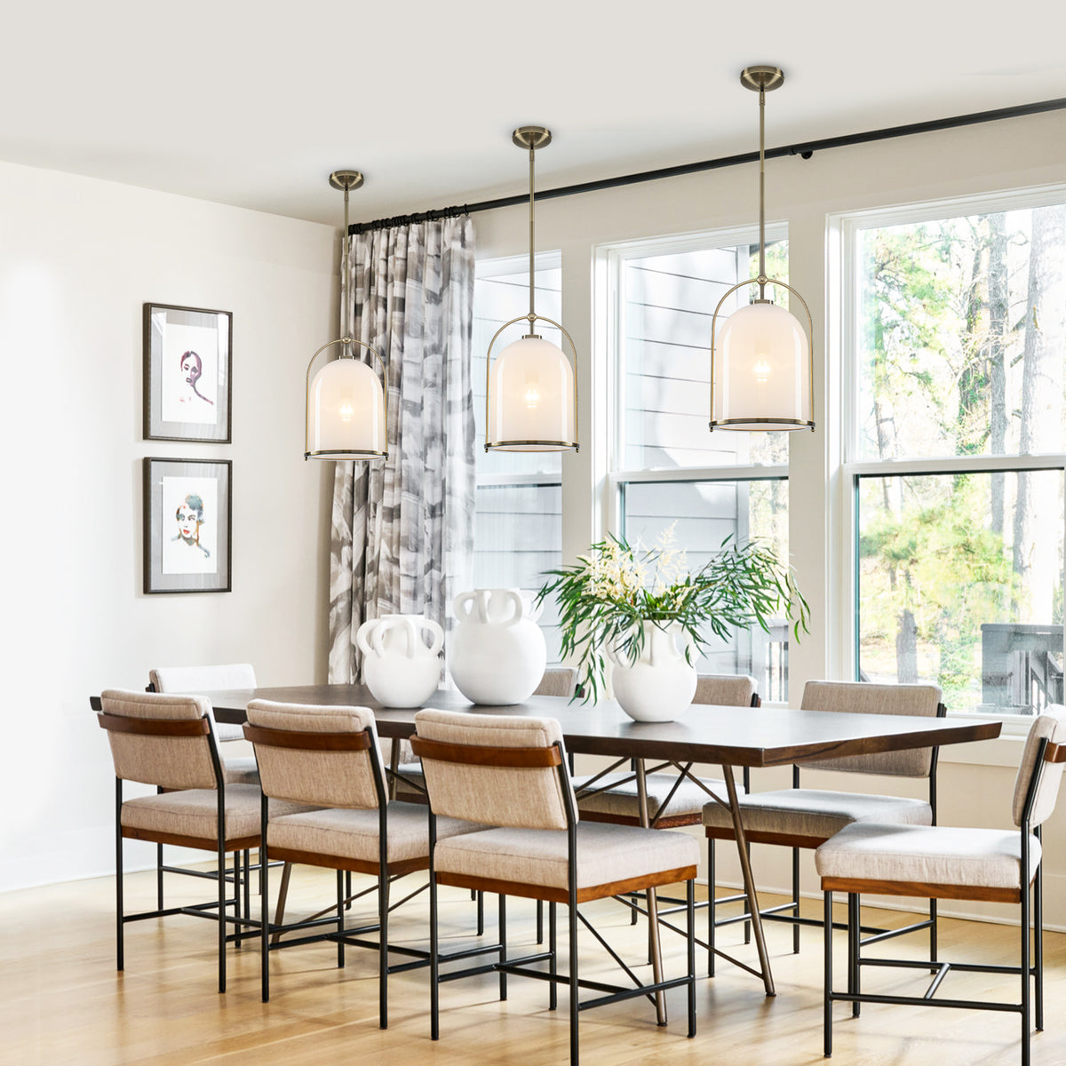 Brushed Gold Bucket Pendant Light with White Glass Dome Bedroom Foyer