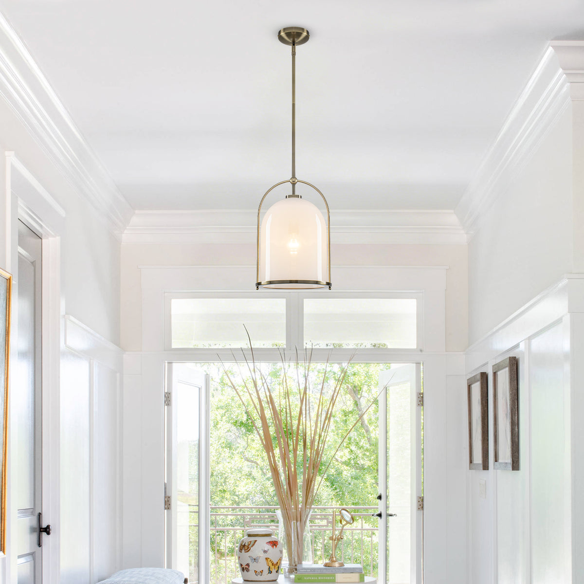 Brushed Gold Bucket Pendant Light with White Glass Dome Bedroom Foyer