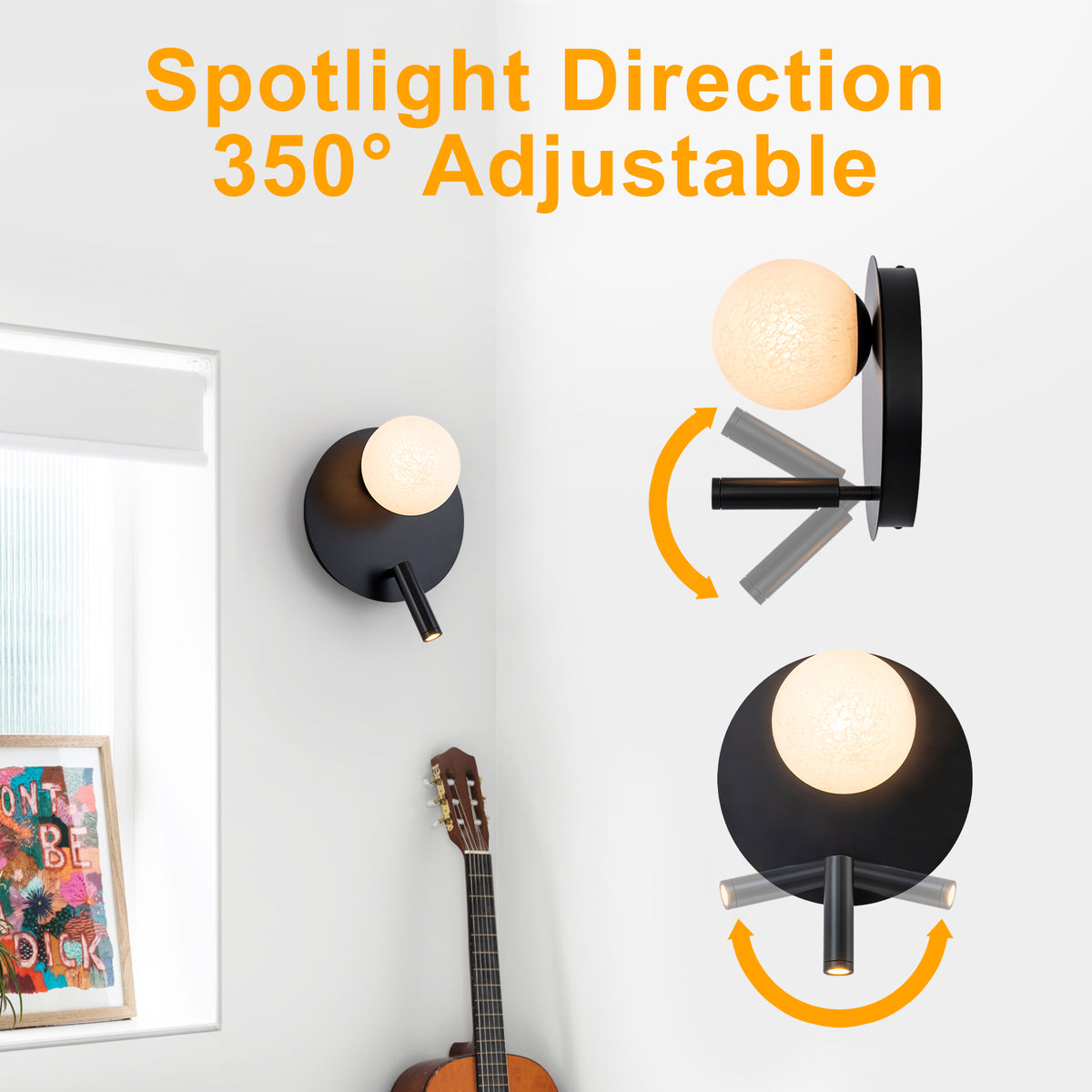 Black Dual-Light Wall Sconce with Textured Moon Glass Globe Modern - product image 10 | Zenvolit