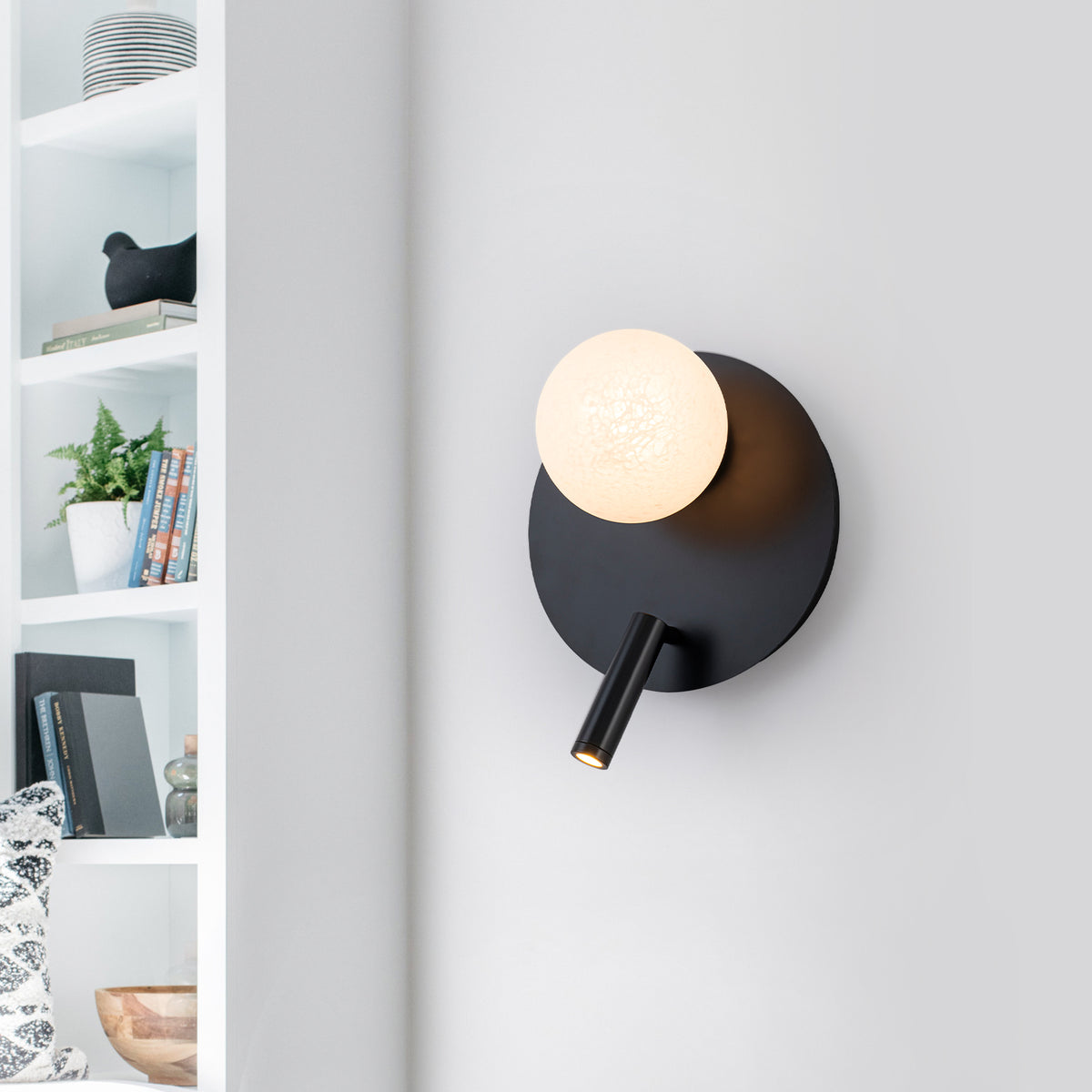 Black Dual-Light Wall Sconce with Textured Moon Glass Globe Modern - product image 12 | Zenvolit