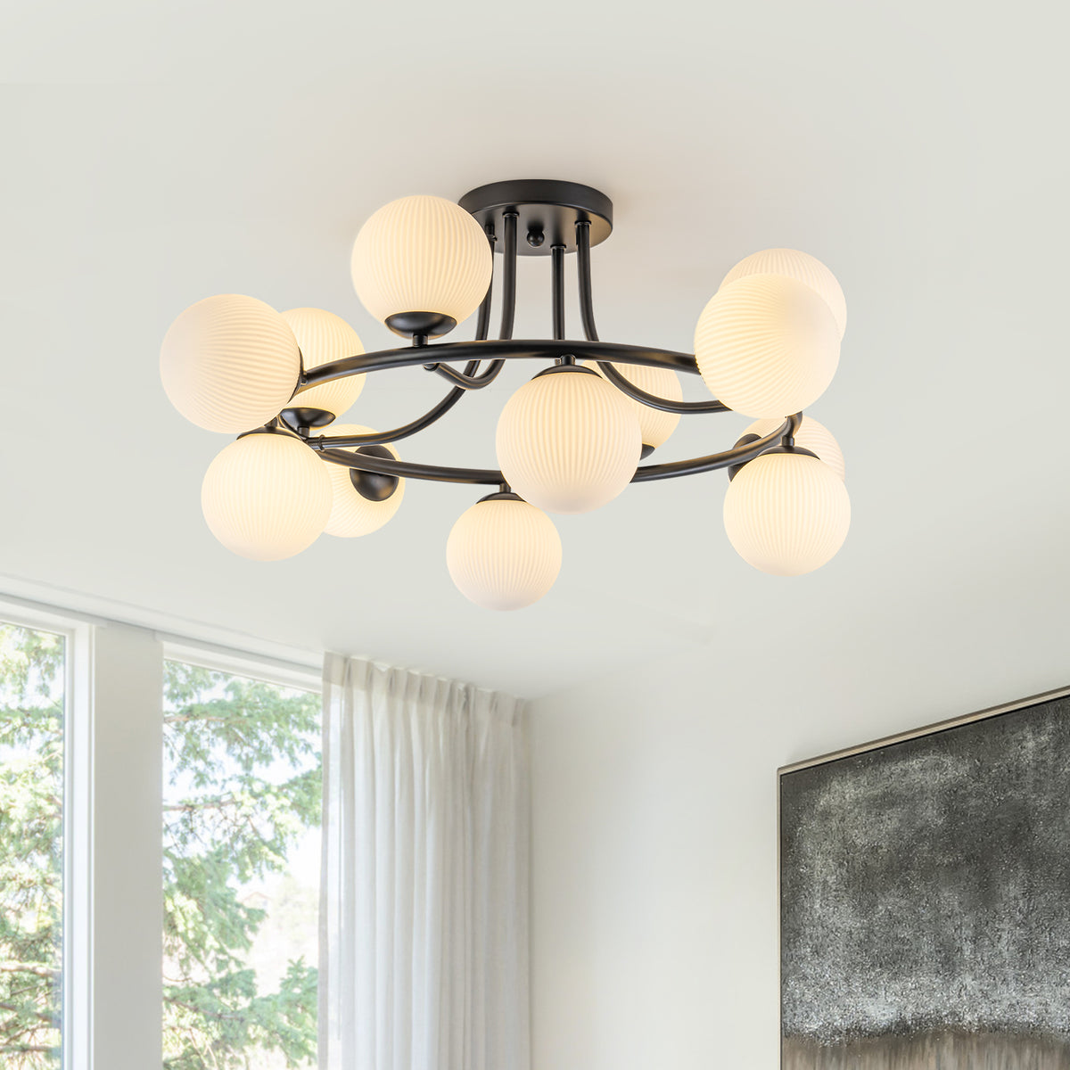 12 Light Black Semi Flush Mount Ceiling Light Modern Sputnik Chandelier - product image 3 | Zenvolit