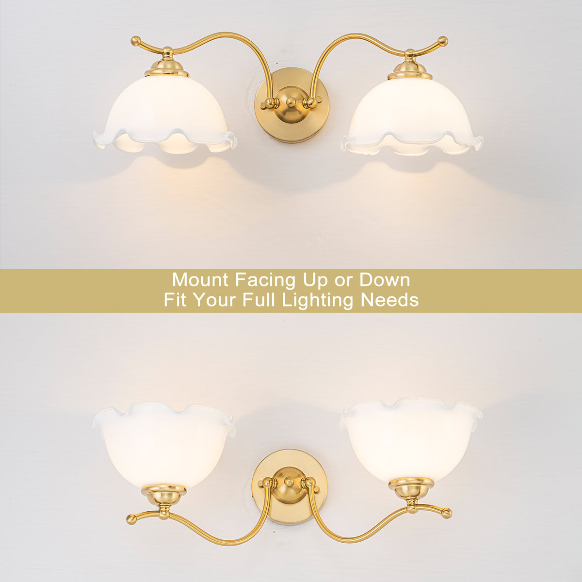 2-Light Gold Metal Wall Sconce with Flower Milky White Glass Shades - product image 15 | Zenvolit