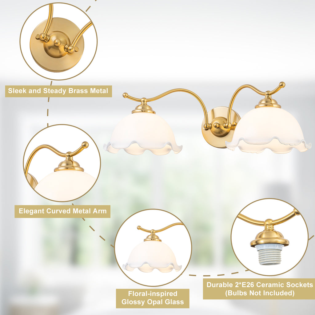 2-Light Gold Metal Wall Sconce with Flower Milky White Glass Shades - product image 16 | Zenvolit