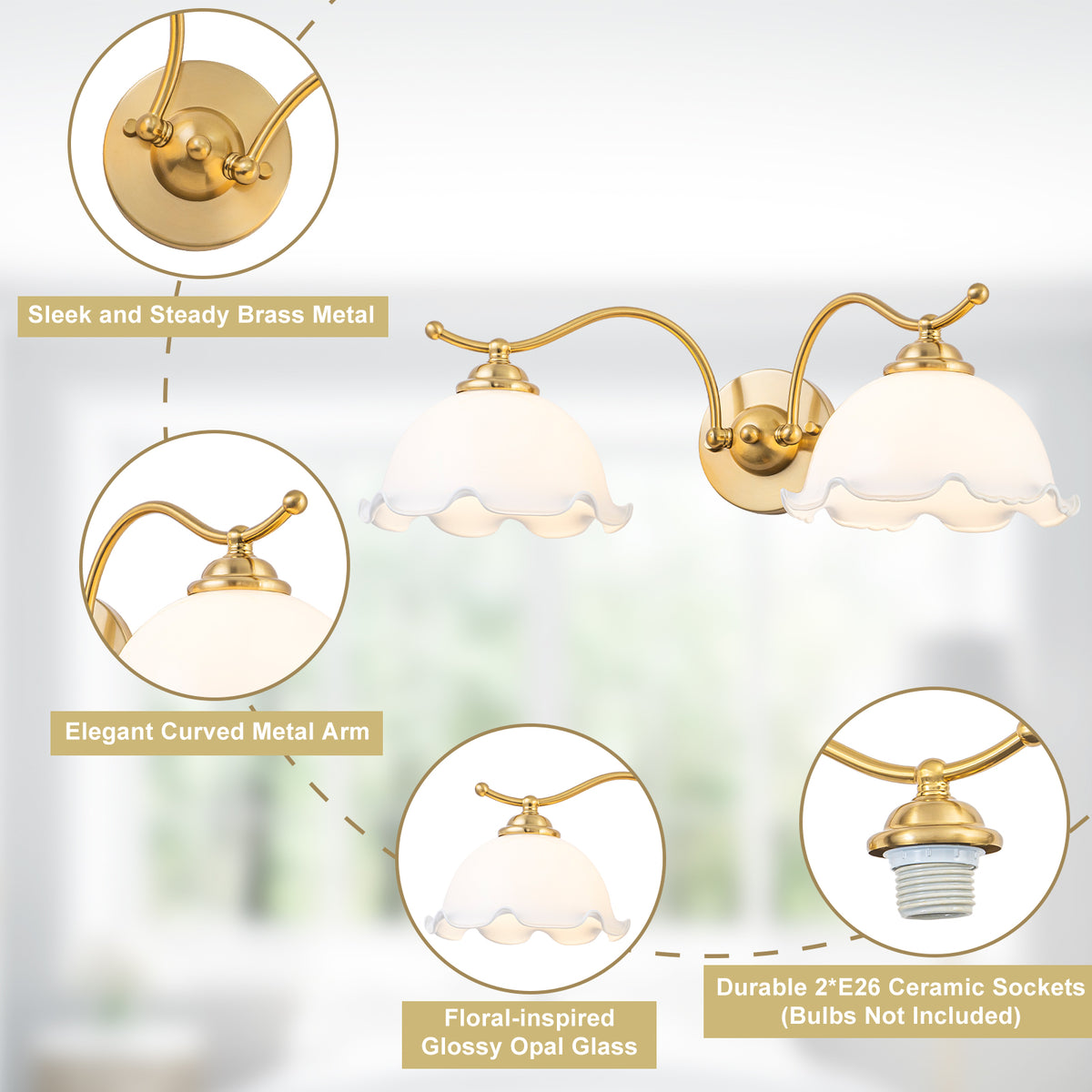 2-Light Gold Metal Wall Sconce with Flower Milky White Glass Shades - product image 16 | Zenvolit