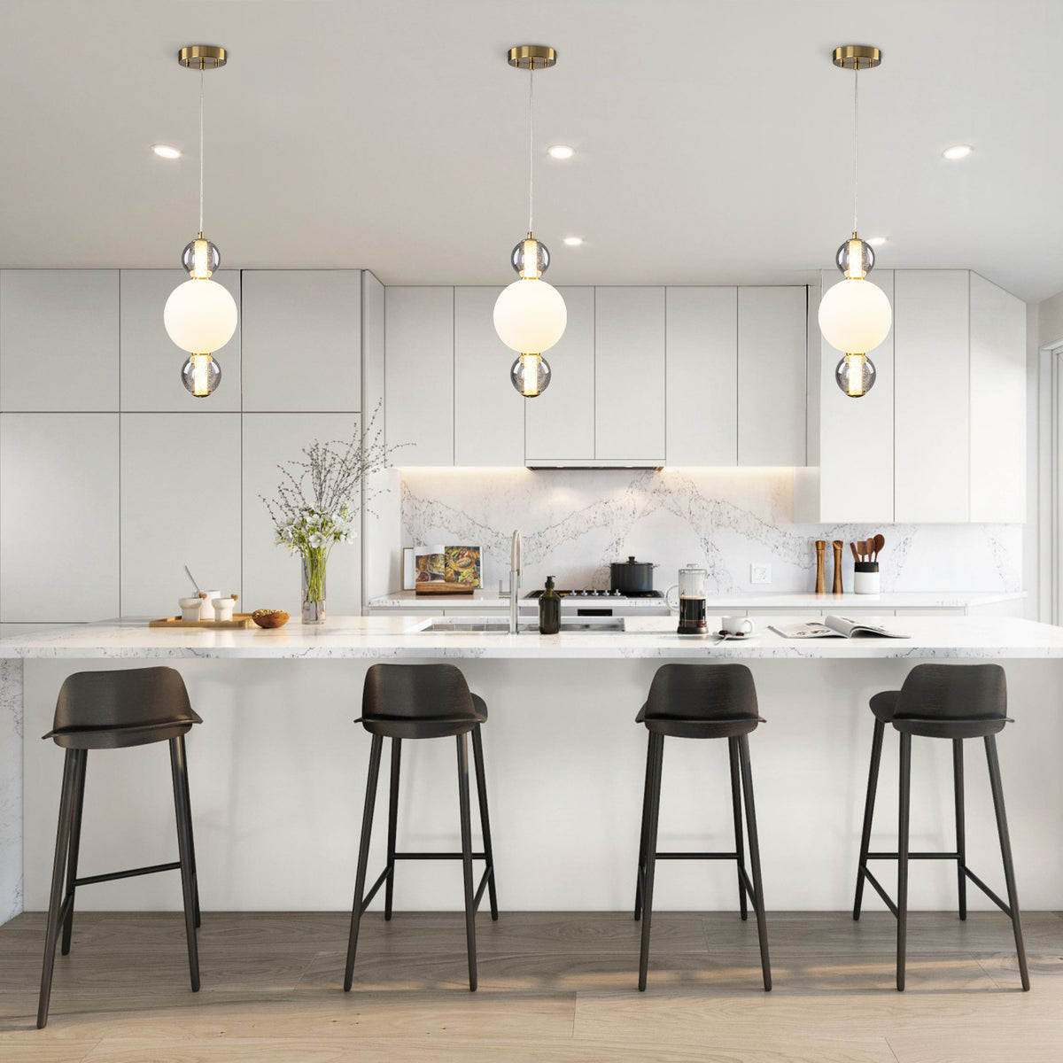 3-Light Modern Gold LED Pendant Light with White & Smoke Glass Globes - product image 2 | Zenvolit