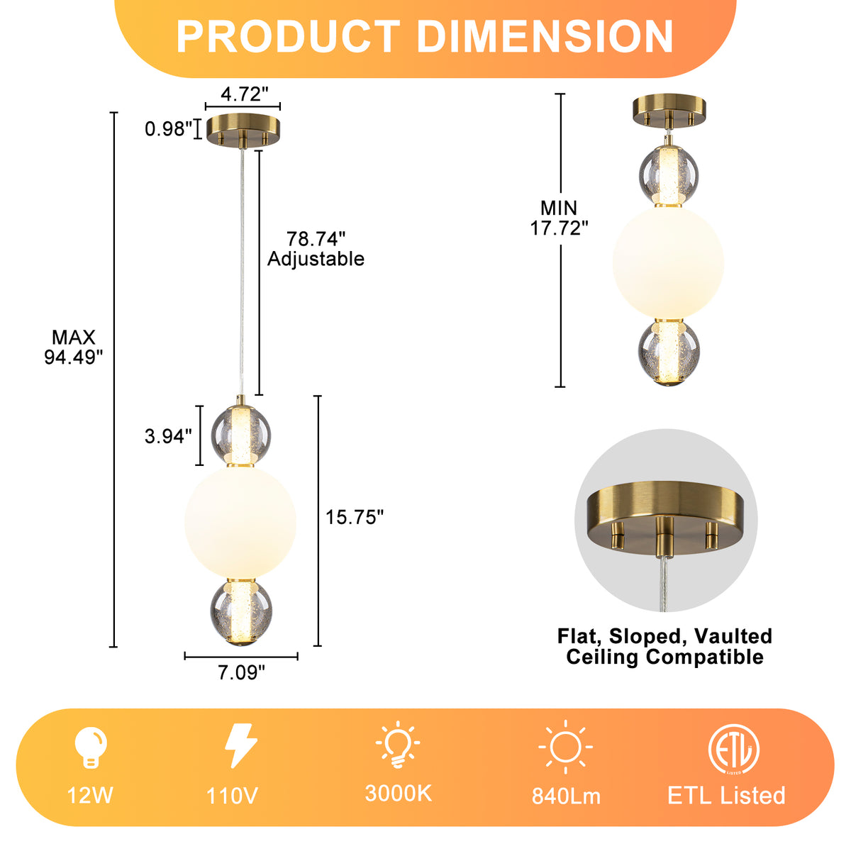 3-Light Modern Gold LED Pendant Light with White & Smoke Glass Globes - product image 7 | Zenvolit