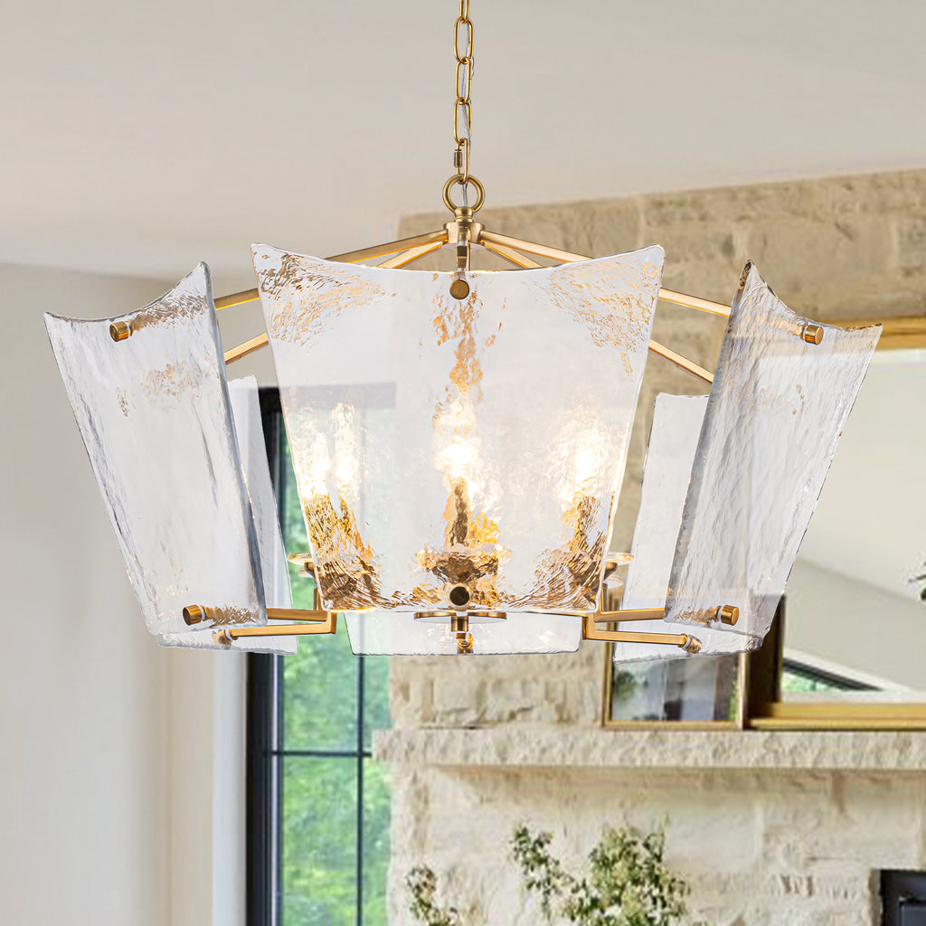 6-Light Gold Geometric Chandelier with Textured Clear Glass Panels - product image 1 | Zenvolit