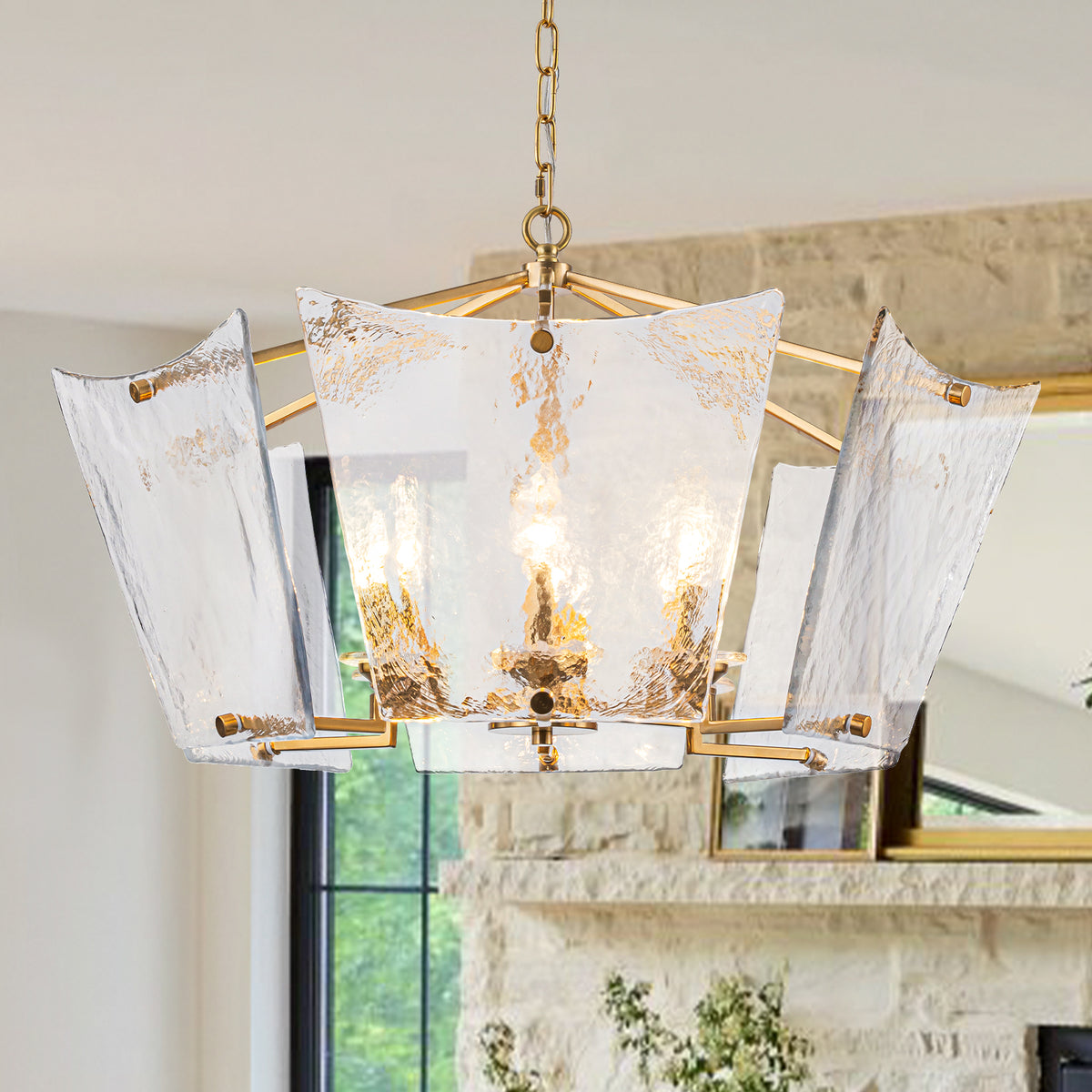 6-Light Gold Geometric Chandelier with Textured Clear Glass Panels - product image 1 | Zenvolit