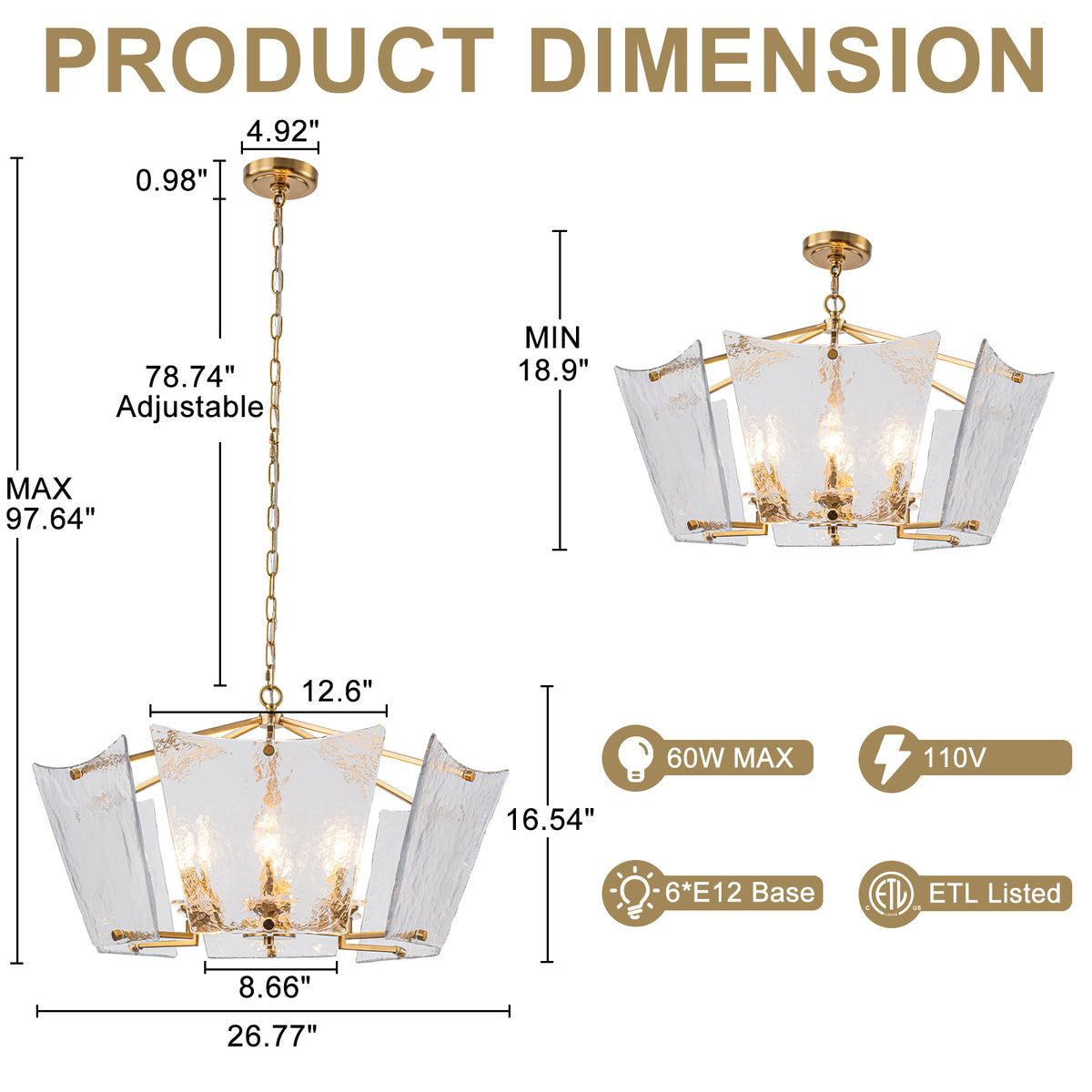6-Light Gold Geometric Chandelier with Textured Clear Glass Panels - product image 6 | Zenvolit