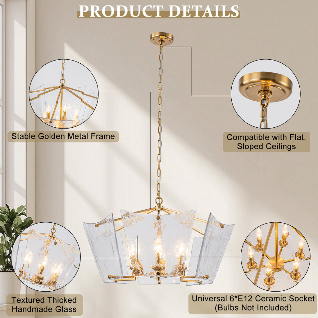 6-Light Gold Geometric Chandelier with Textured Clear Glass Panels - product image 13 | Zenvolit