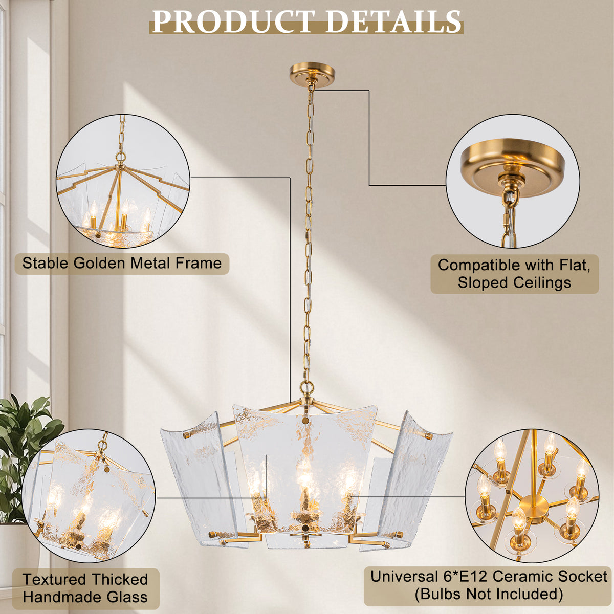 6-Light Gold Geometric Chandelier with Textured Clear Glass Panels - product image 13 | Zenvolit