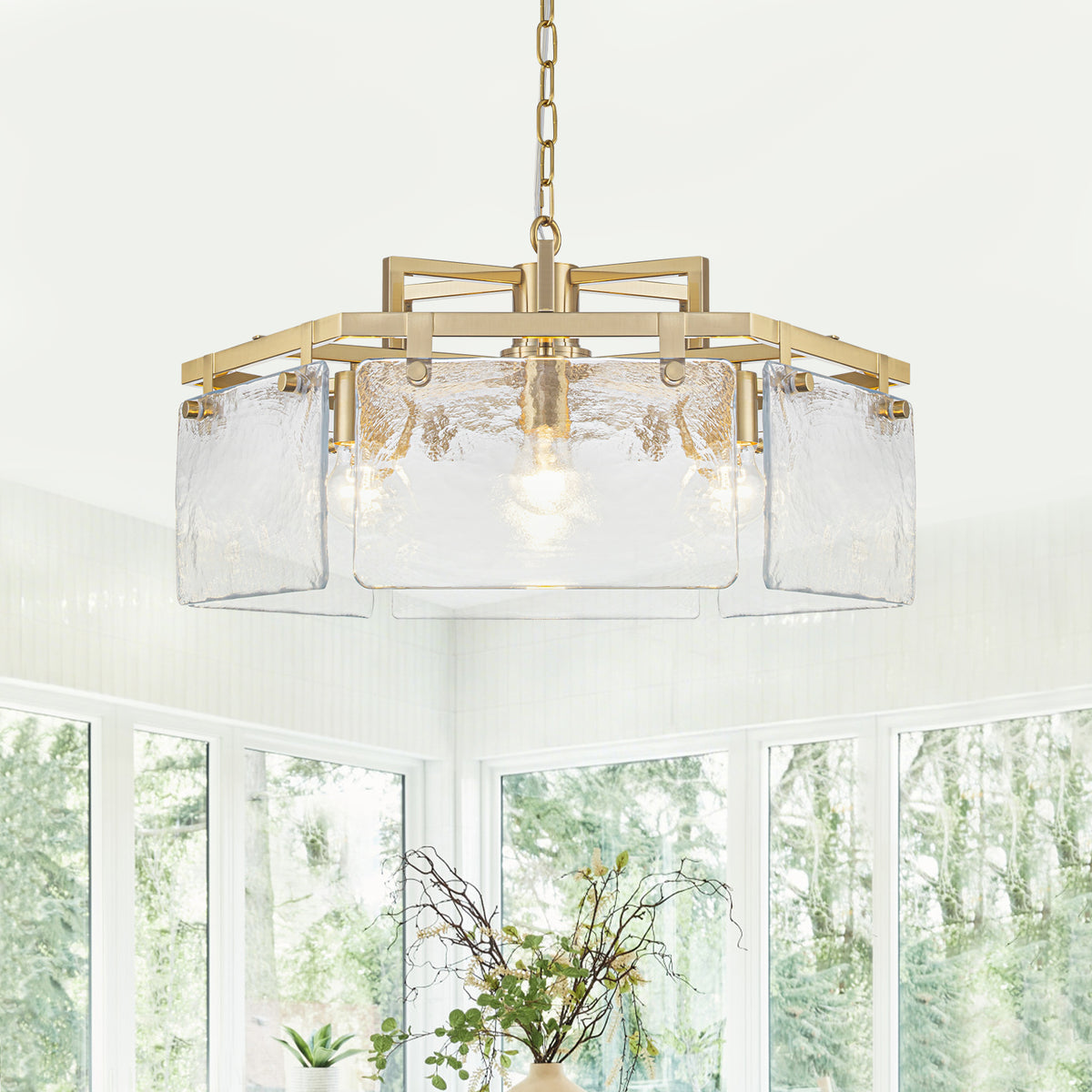 6-Light Modern Hexagon Chandelier, Hammered Glass Panels - product image 2 | Zenvolit