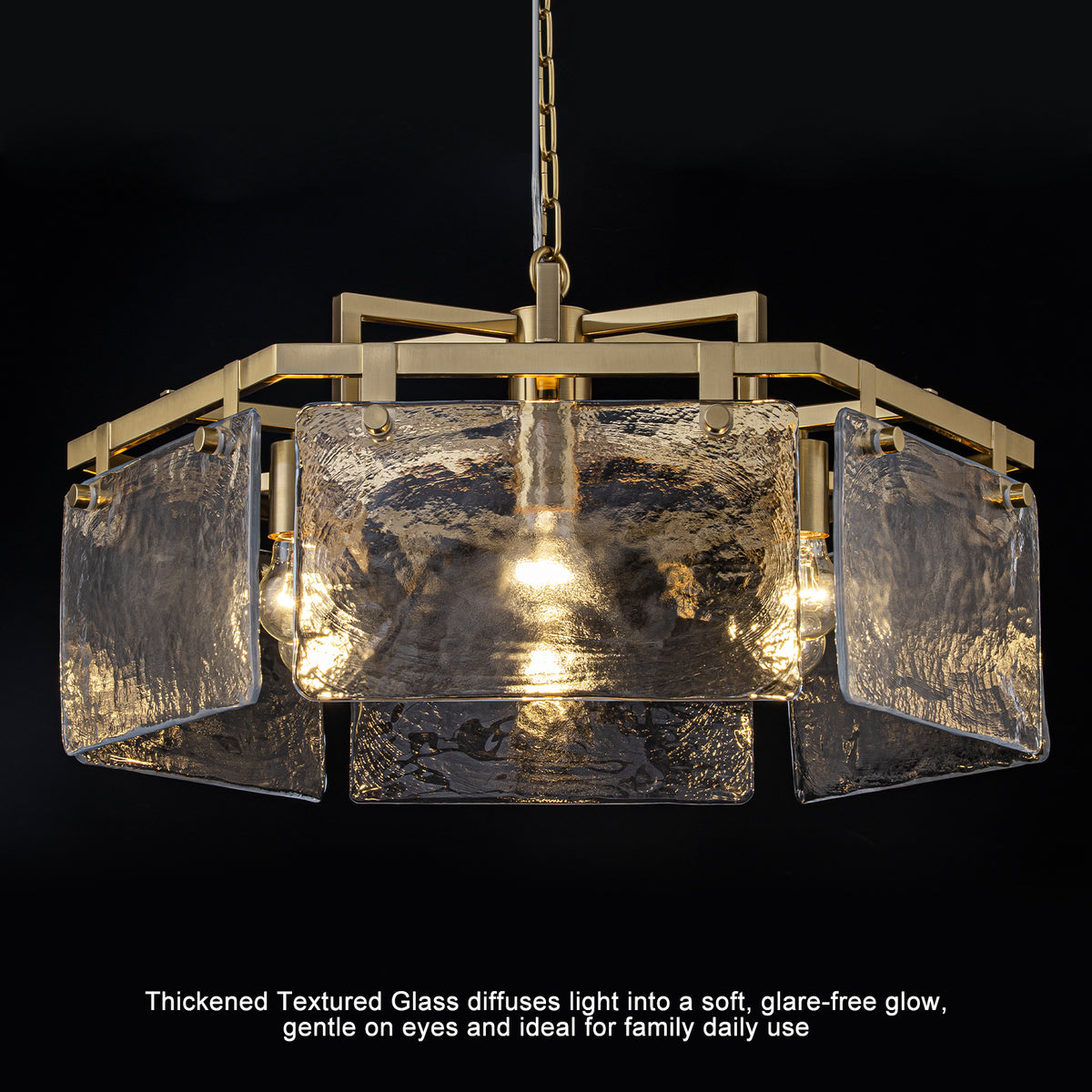 6-Light Modern Hexagon Chandelier, Hammered Glass Panels - product image 5 | Zenvolit