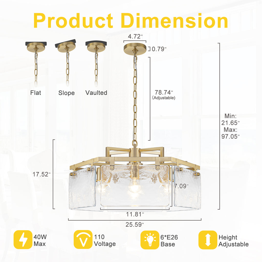 6-Light Modern Hexagon Chandelier, Hammered Glass Panels - product image 7 | Zenvolit