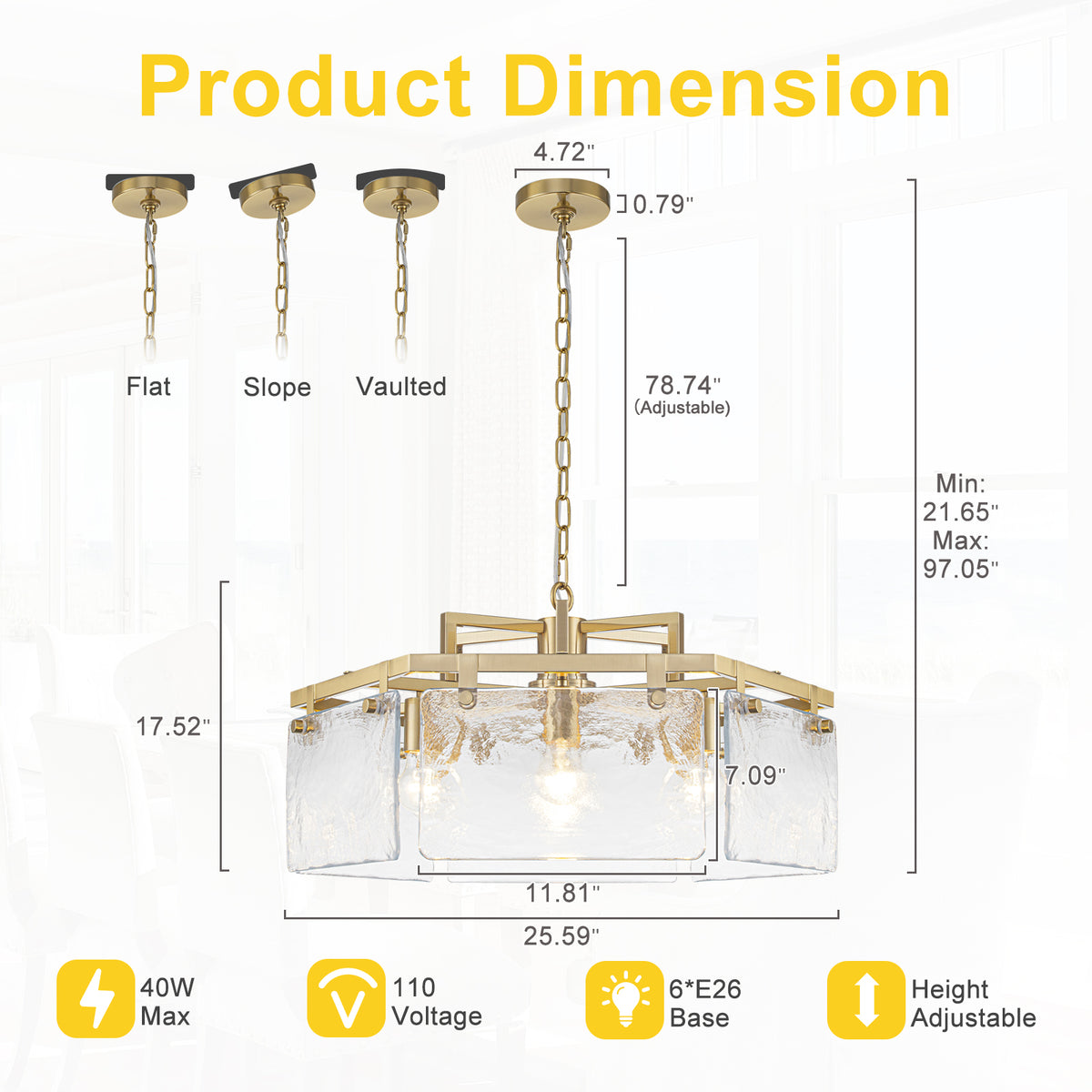 6-Light Modern Hexagon Chandelier, Hammered Glass Panels - product image 7 | Zenvolit