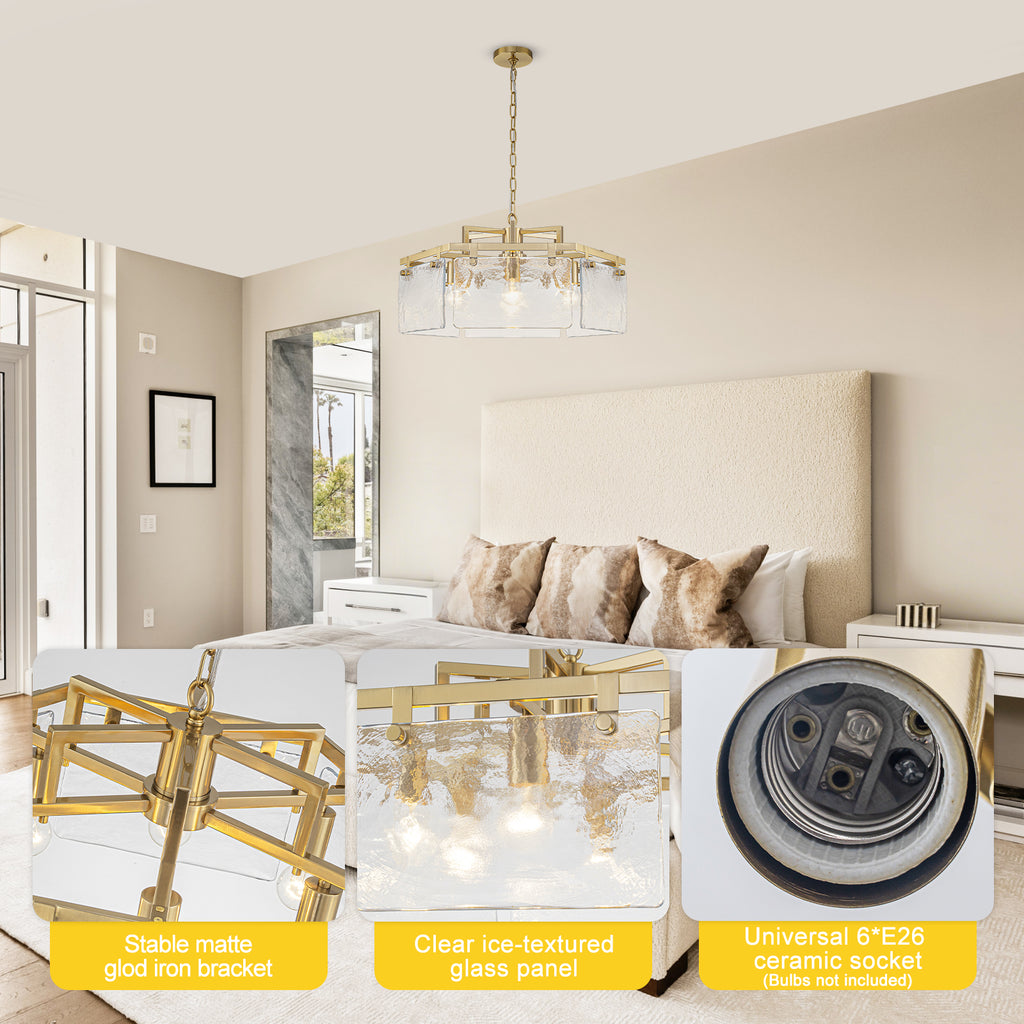 6-Light Modern Hexagon Chandelier, Hammered Glass Panels - product image 9 | Zenvolit
