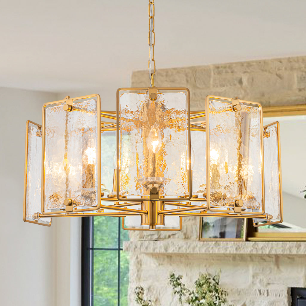 10-Light Gold Geometric Chandelier Handmade Ice-Textured Glass Panels - product image 1 | Zenvolit