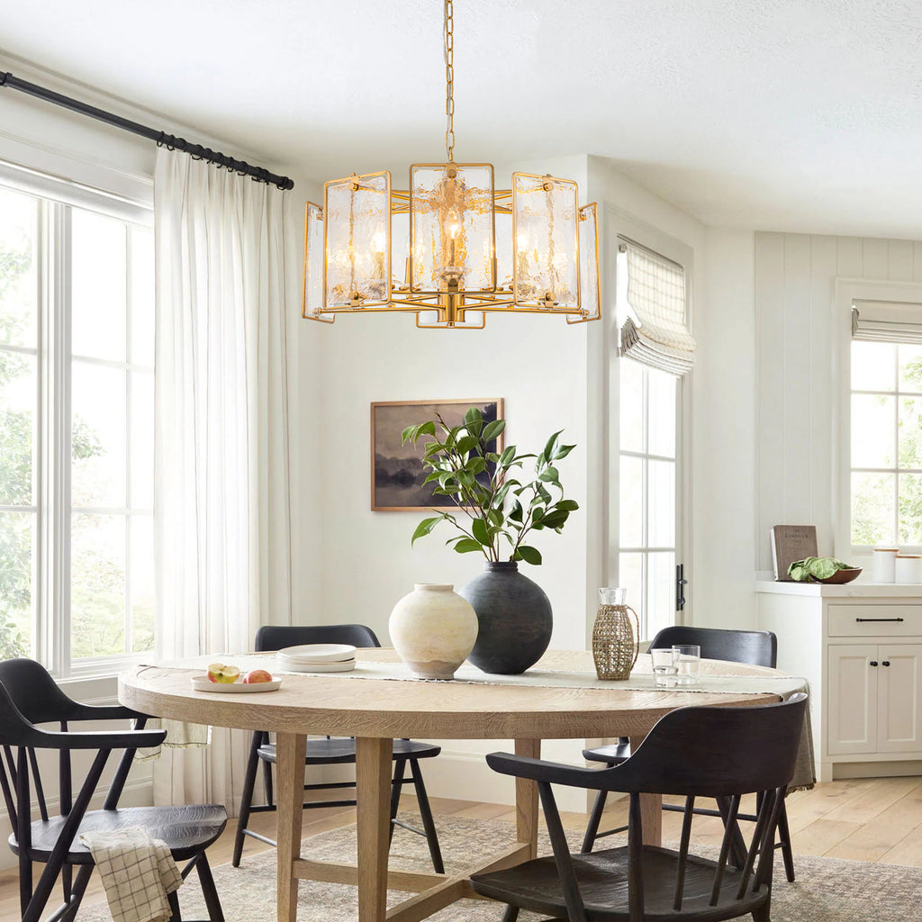 10-Light Gold Geometric Chandelier Handmade Ice-Textured Glass Panels - product image 2 | Zenvolit