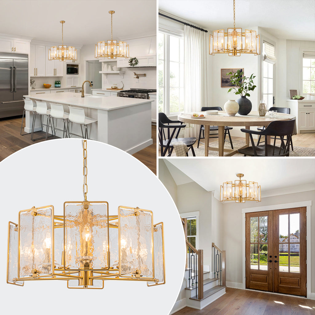10-Light Gold Geometric Chandelier Handmade Ice-Textured Glass Panels - product image 6 | Zenvolit