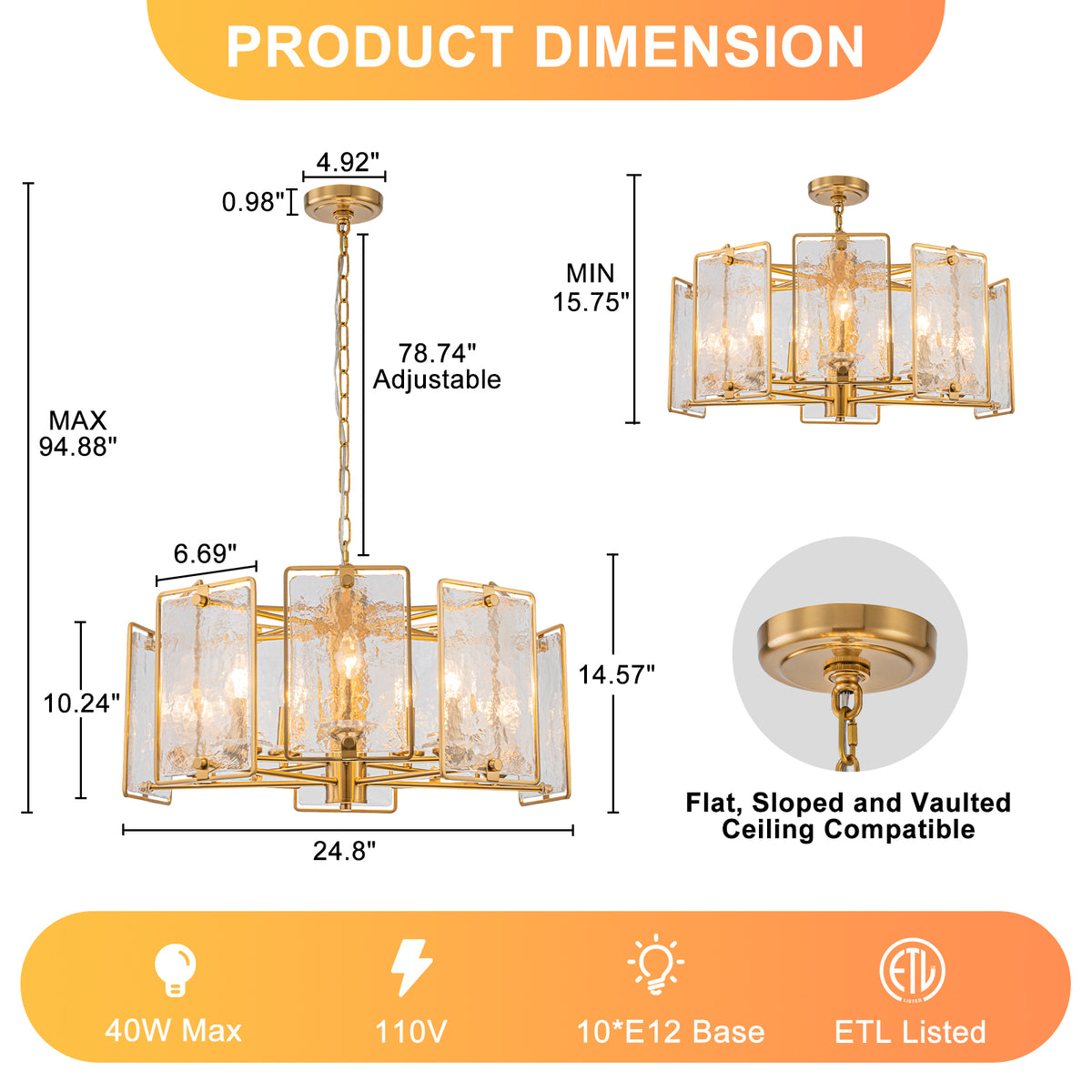 10-Light Gold Geometric Chandelier Handmade Ice-Textured Glass Panels - product image 7 | Zenvolit
