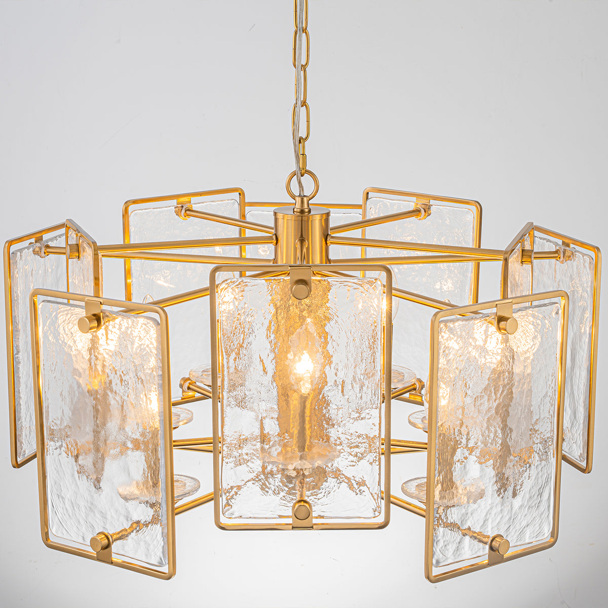 10-Light Gold Geometric Chandelier Handmade Ice-Textured Glass Panels - product image 10 | Zenvolit