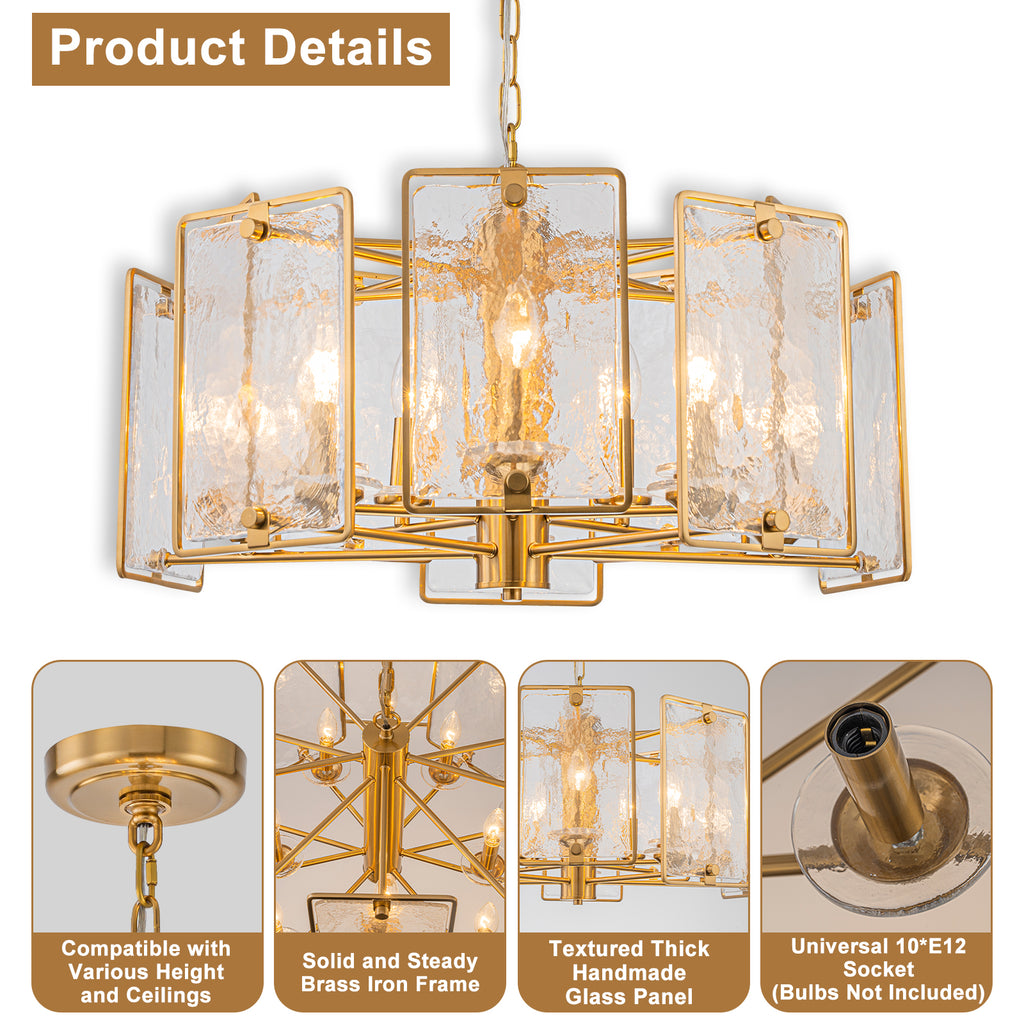 10-Light Gold Geometric Chandelier Handmade Ice-Textured Glass Panels - product image 14 | Zenvolit