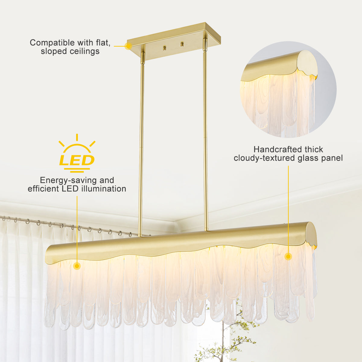 Dimmable LED Linear Chandelier Gold with Wavy Cloud Glass Strips - product image 9 | Zenvolit